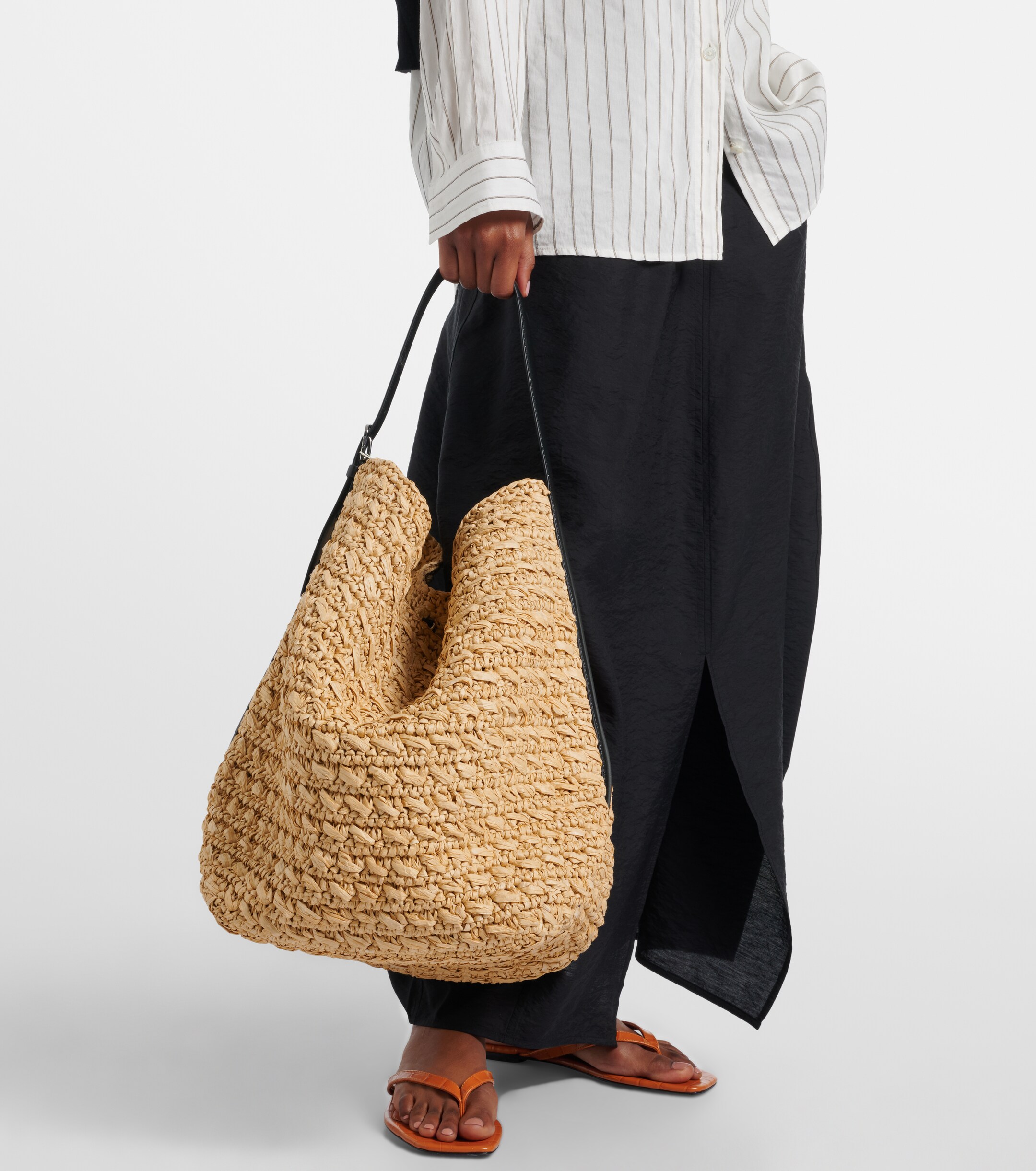 TOTEME Leather-trimmed raffia and paper bucket bag