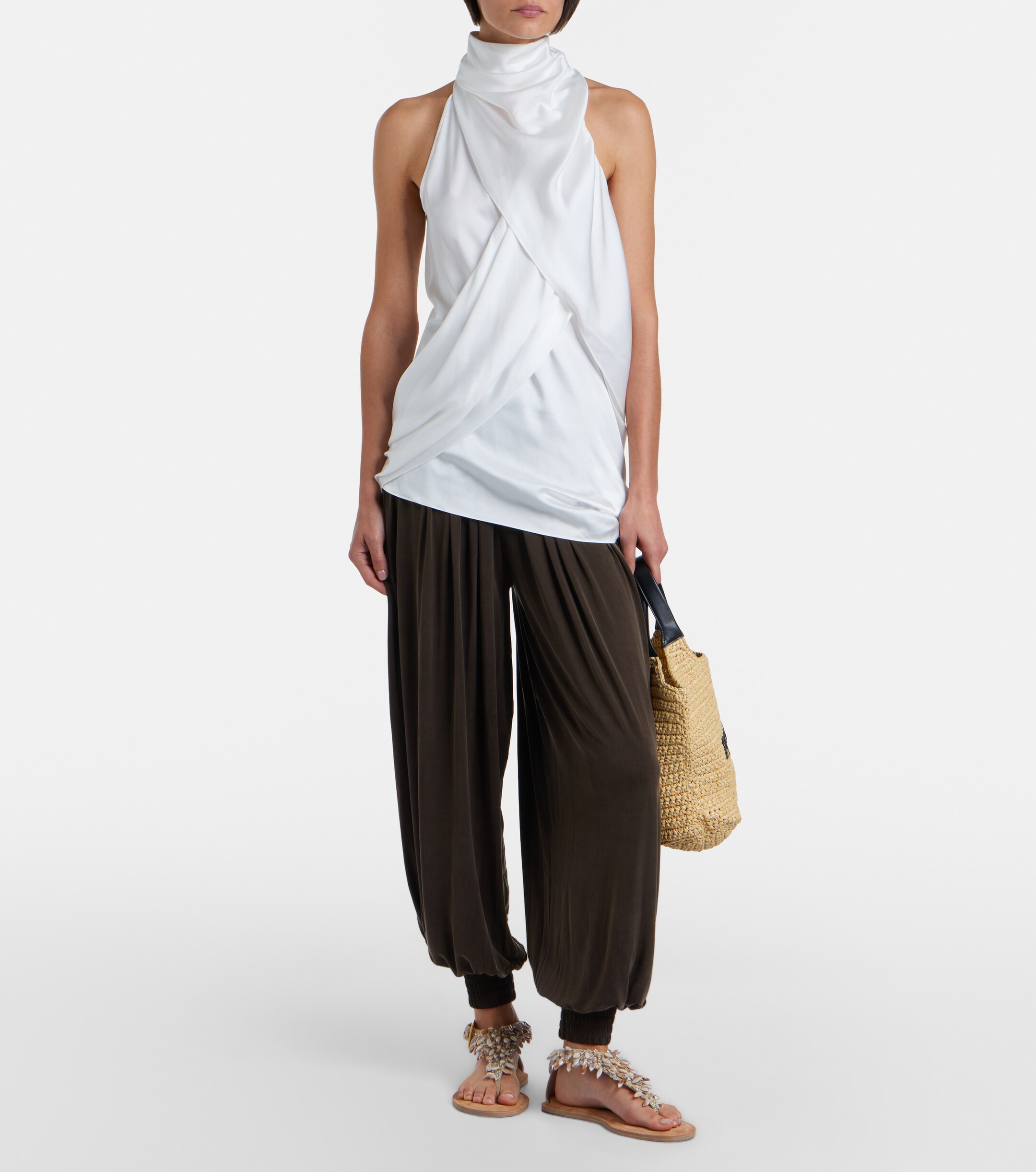 Balmain Logo raffia-effect top-handle bag