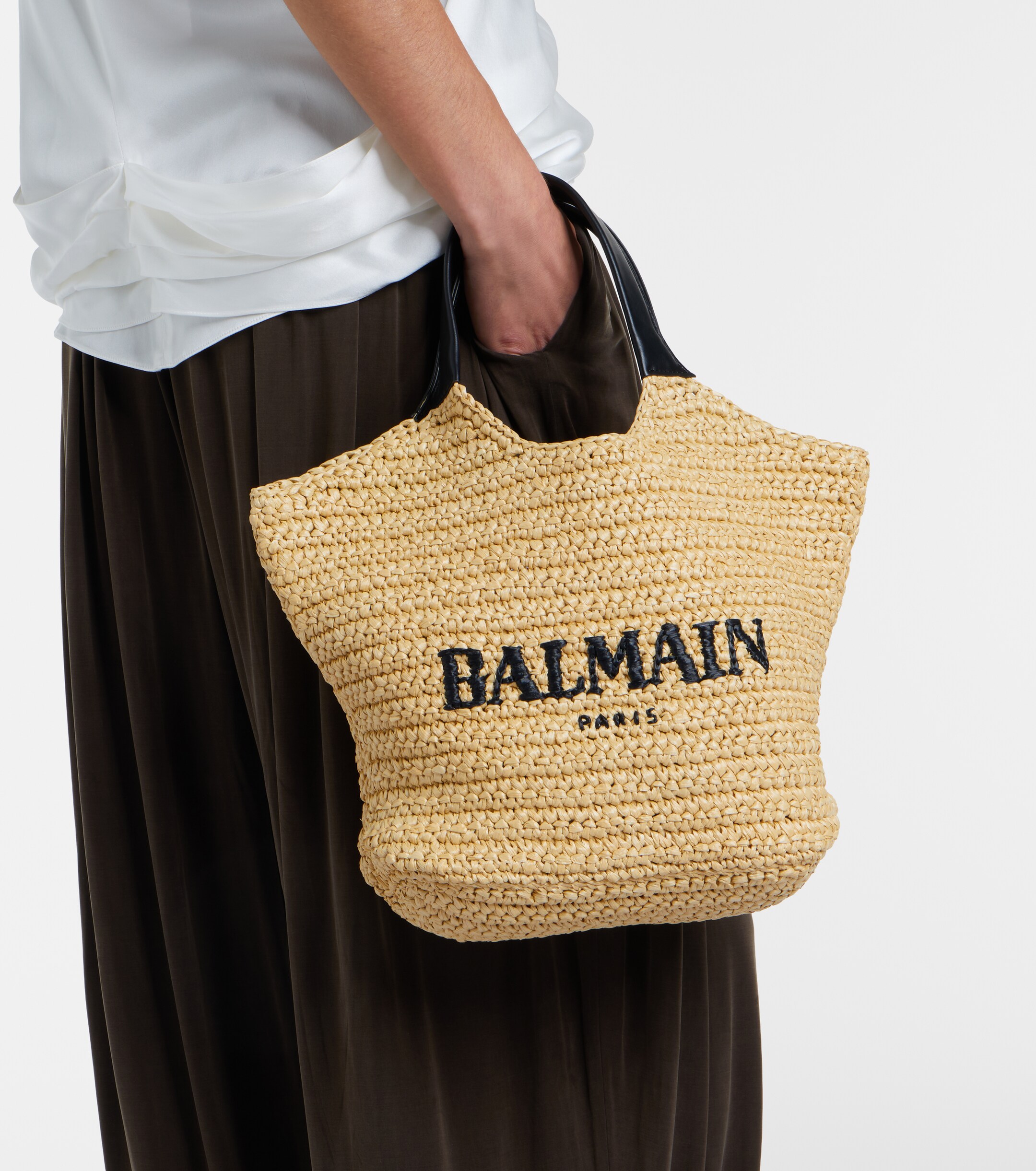 Balmain Logo raffia-effect top-handle bag
