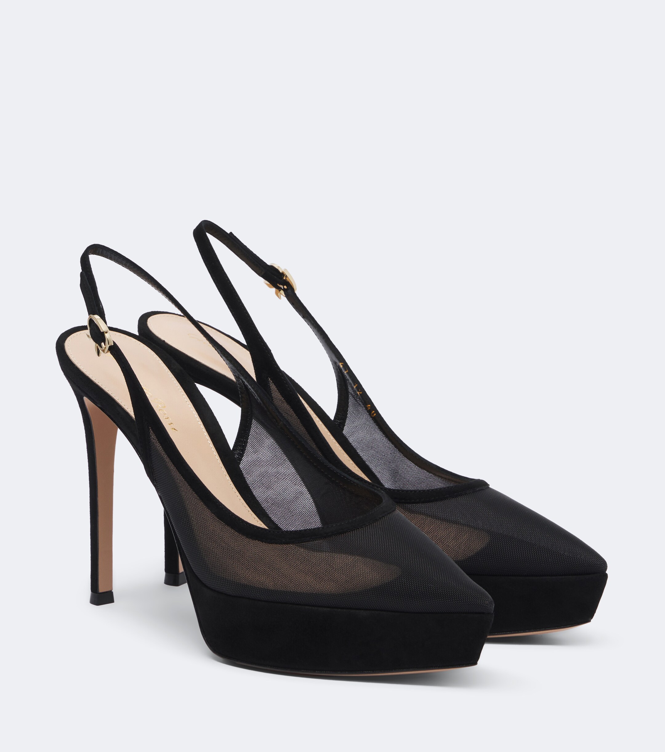 GIANVITO ROSSI Gianvito Rossi Suede-trimmed mesh platform slingback pumps