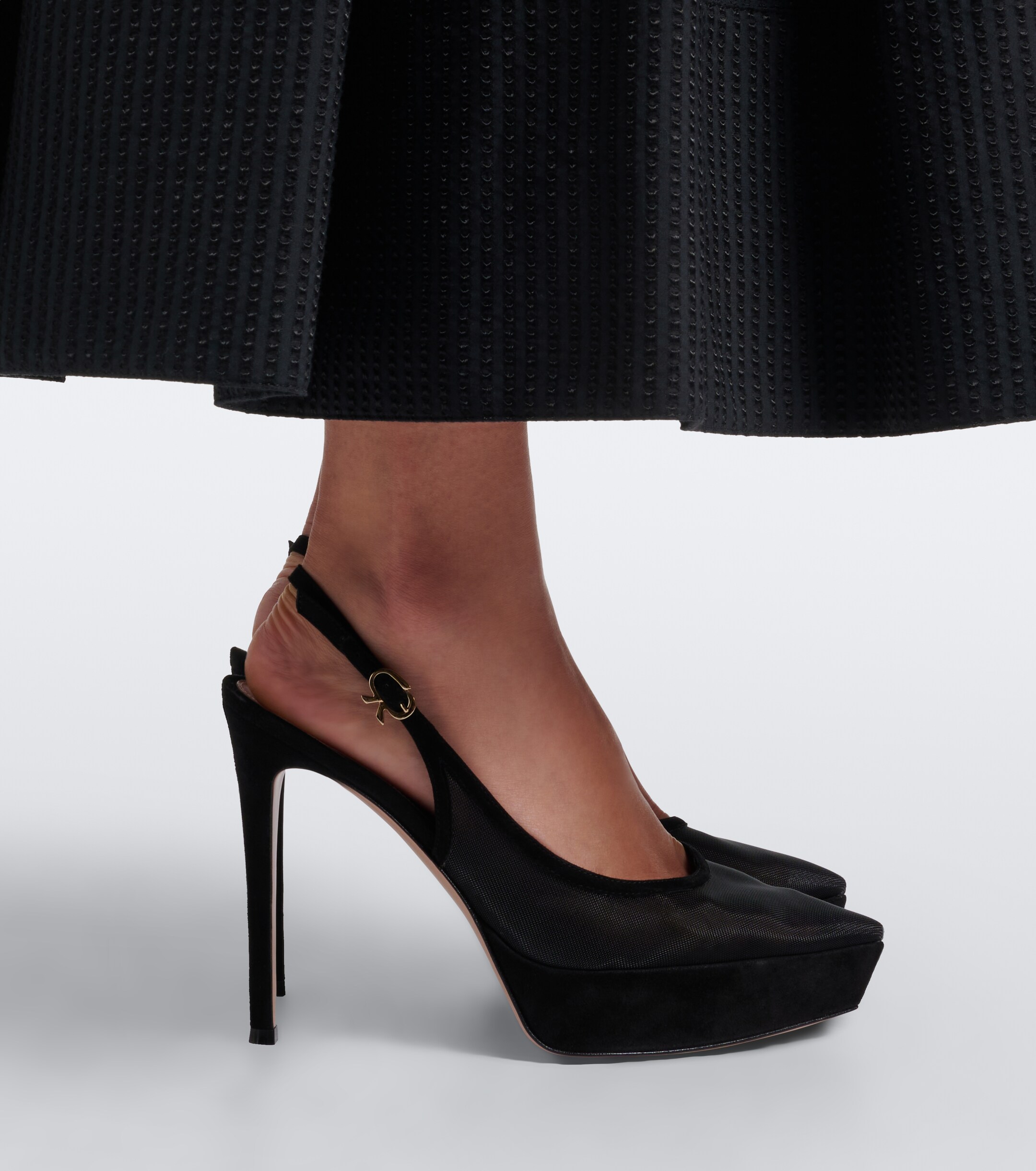 GIANVITO ROSSI Gianvito Rossi Suede-trimmed mesh platform slingback pumps