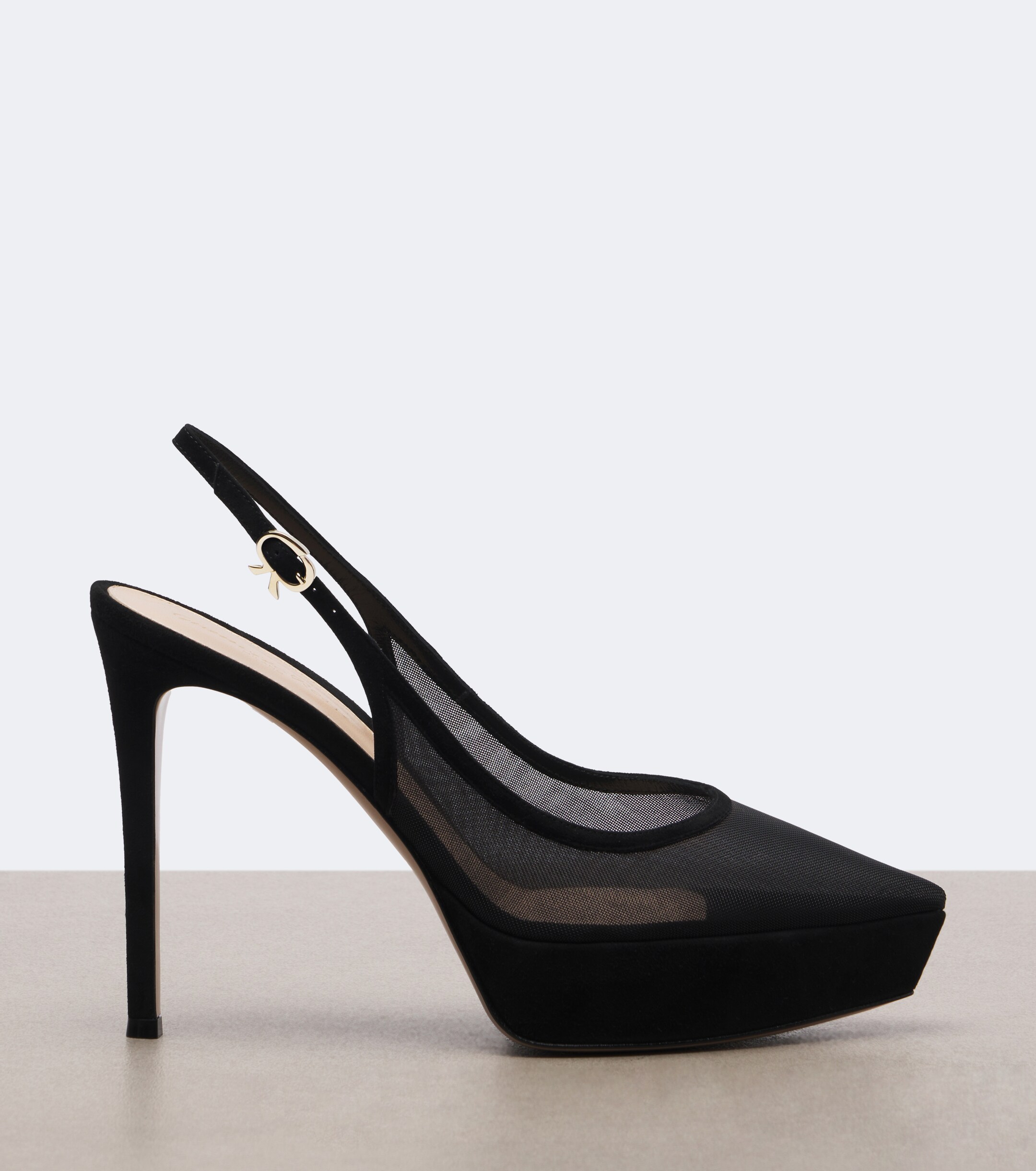 GIANVITO ROSSI Gianvito Rossi Suede-trimmed mesh platform slingback pumps