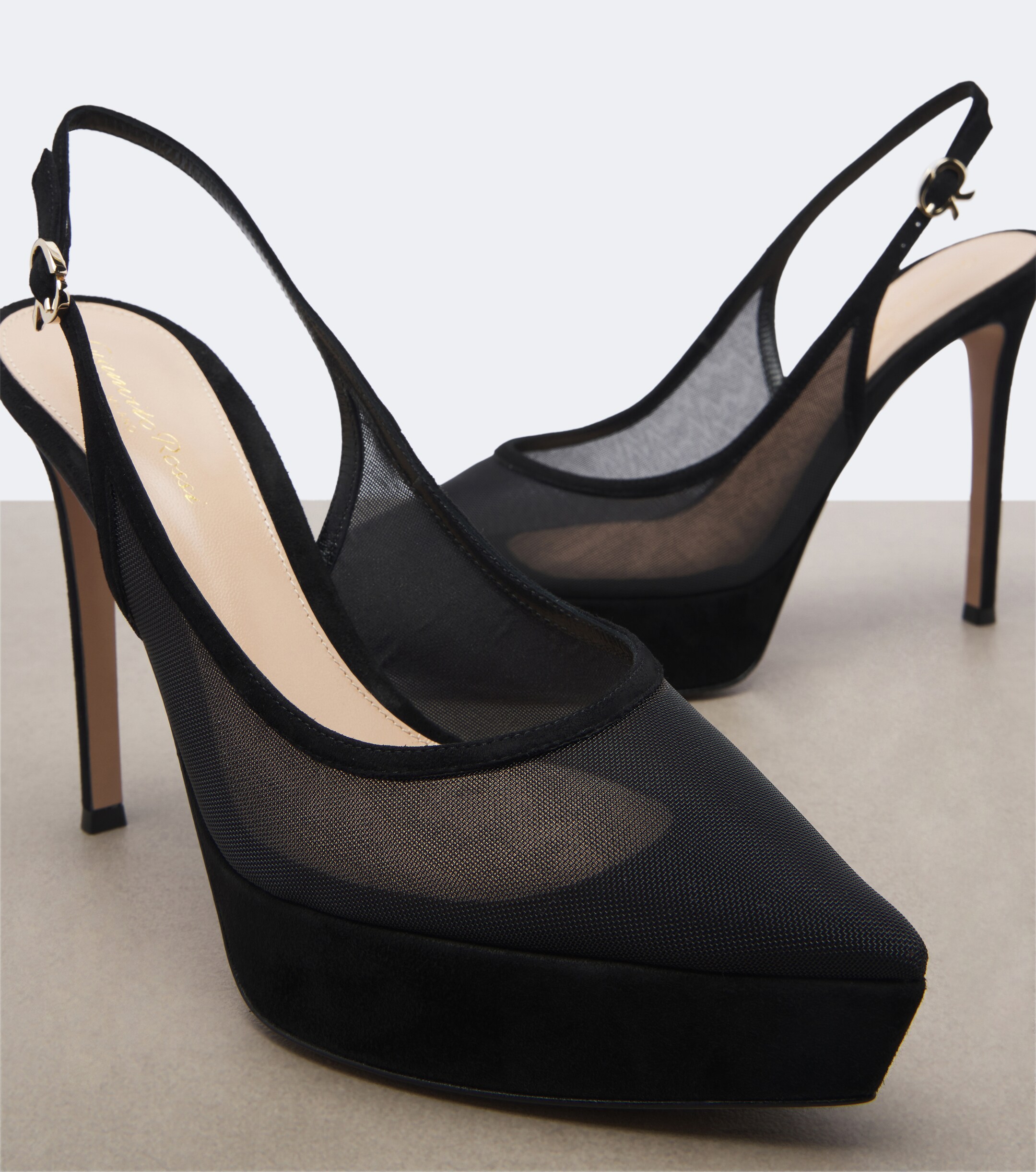 GIANVITO ROSSI Gianvito Rossi Suede-trimmed mesh platform slingback pumps