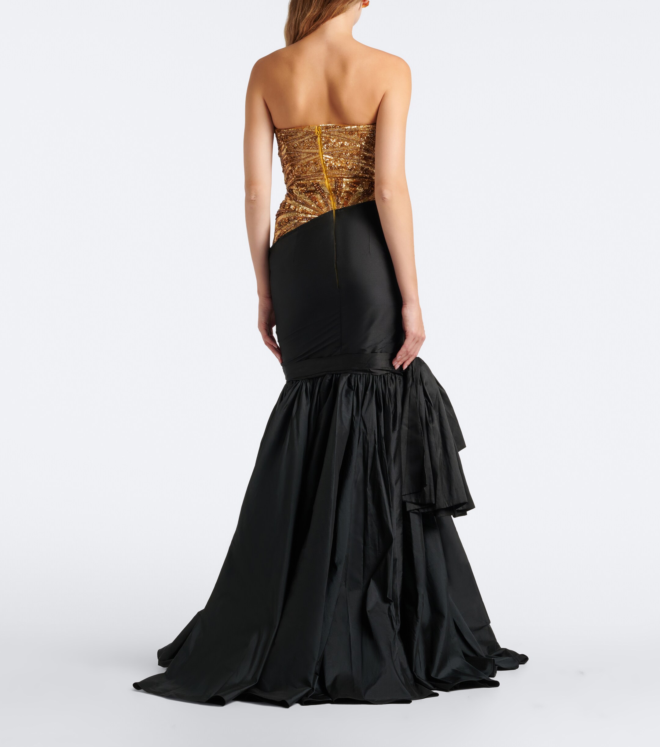 LA FUORI Là Fuori Gilded Geo draped sequined bustier gown