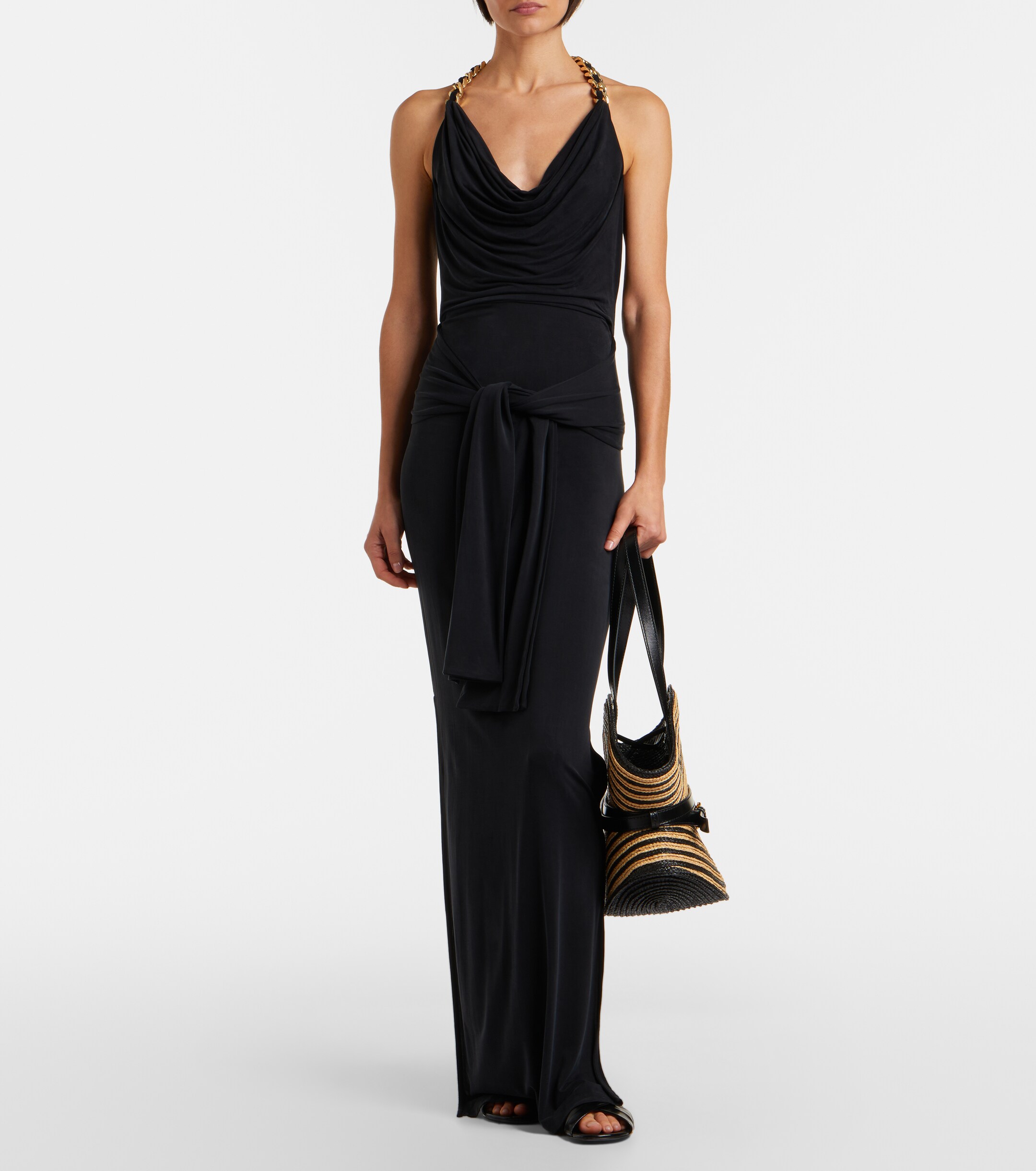 Balmain Raffia-effect striped shoulder bag