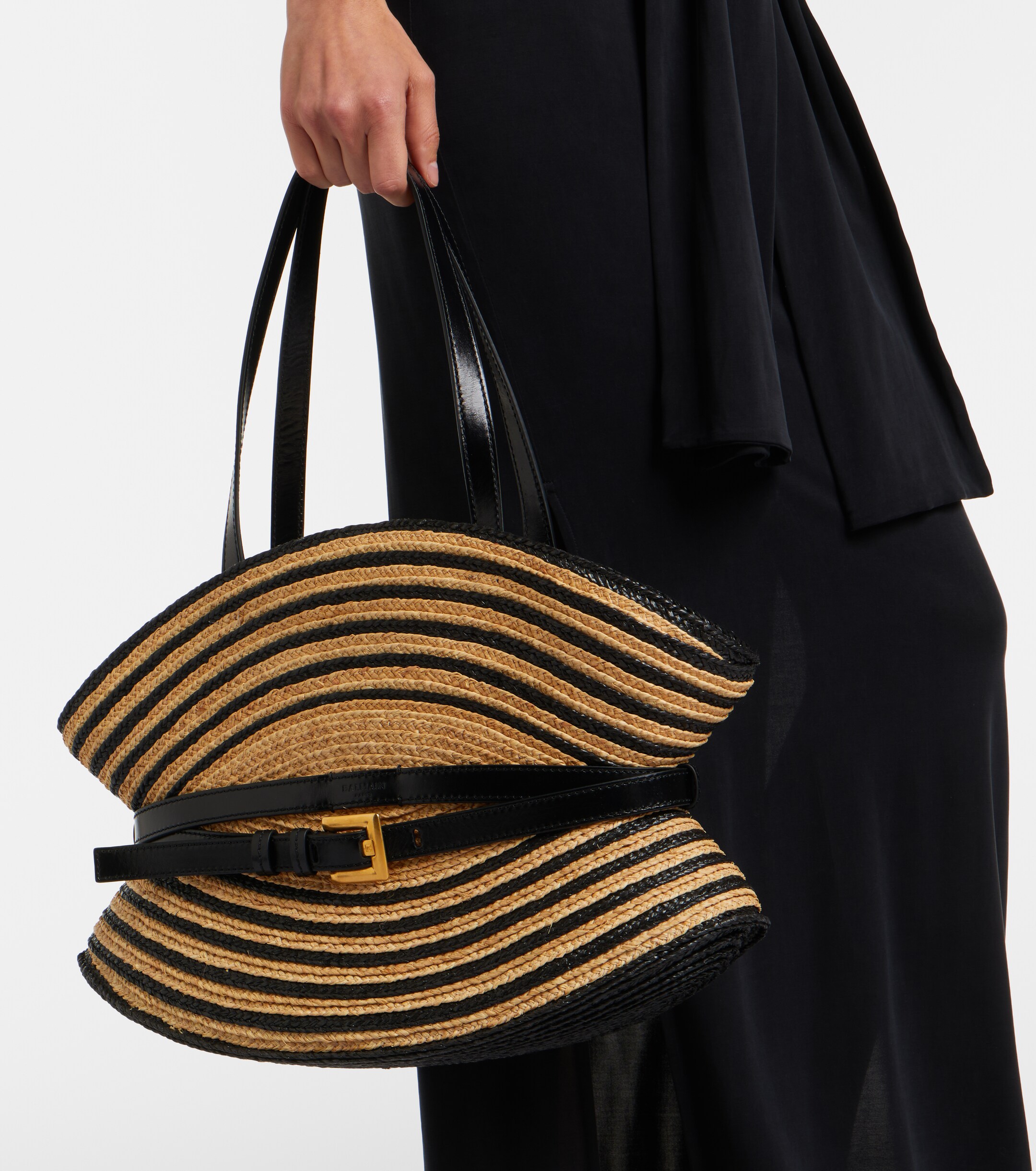 Balmain Raffia-effect striped shoulder bag