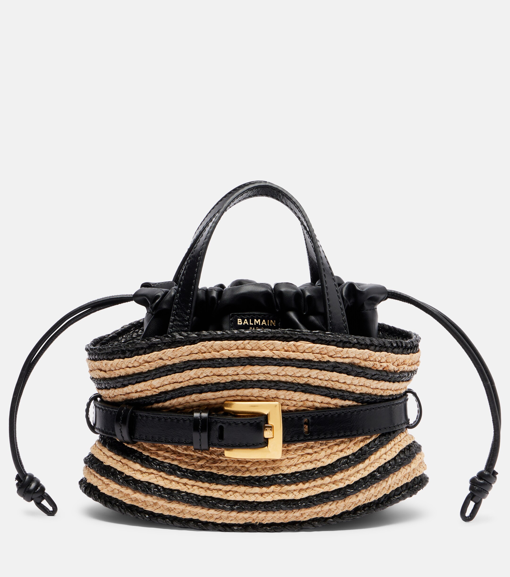 Balmain Raffia-effect striped top-handle bag