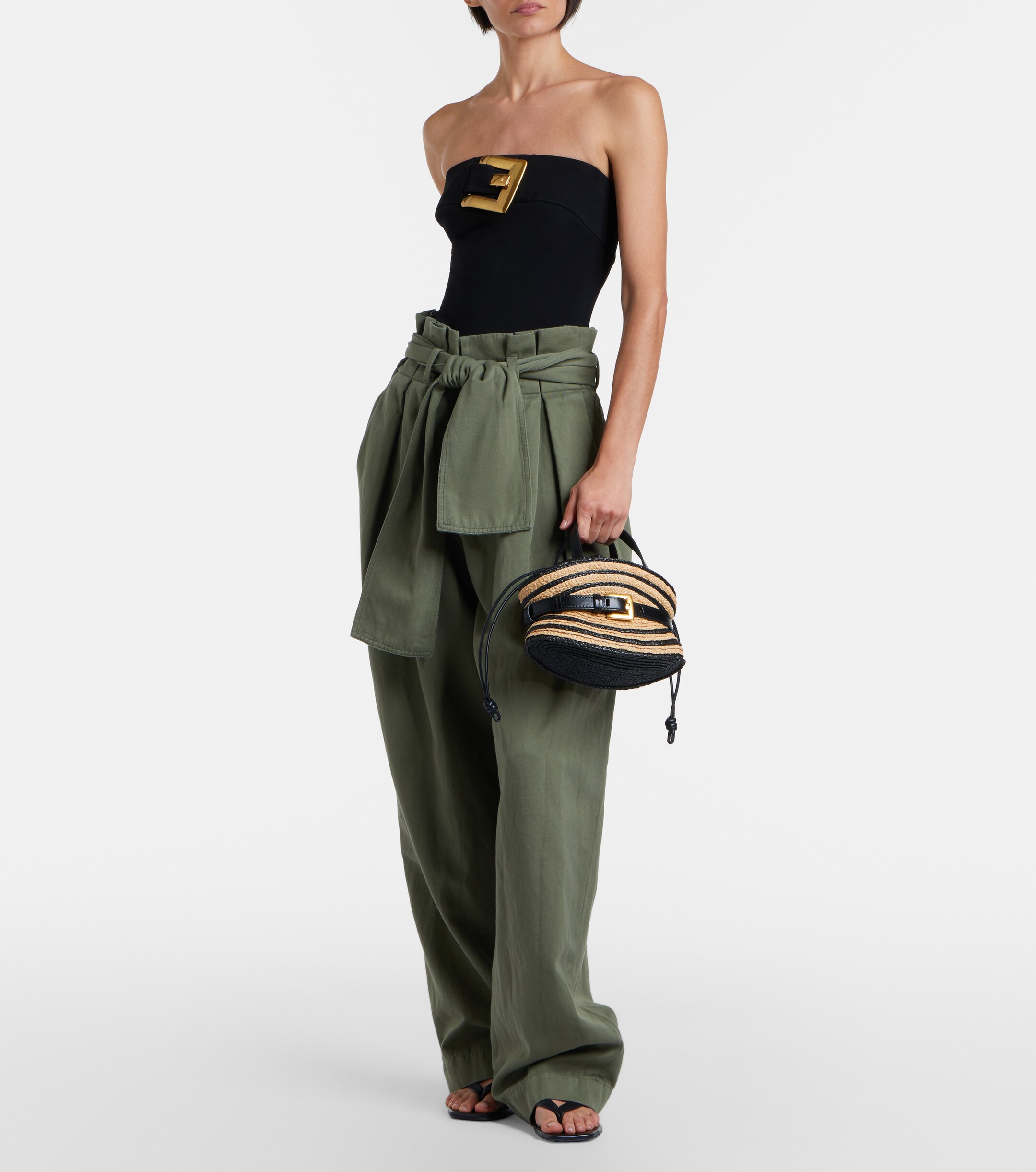 Balmain Raffia-effect striped top-handle bag