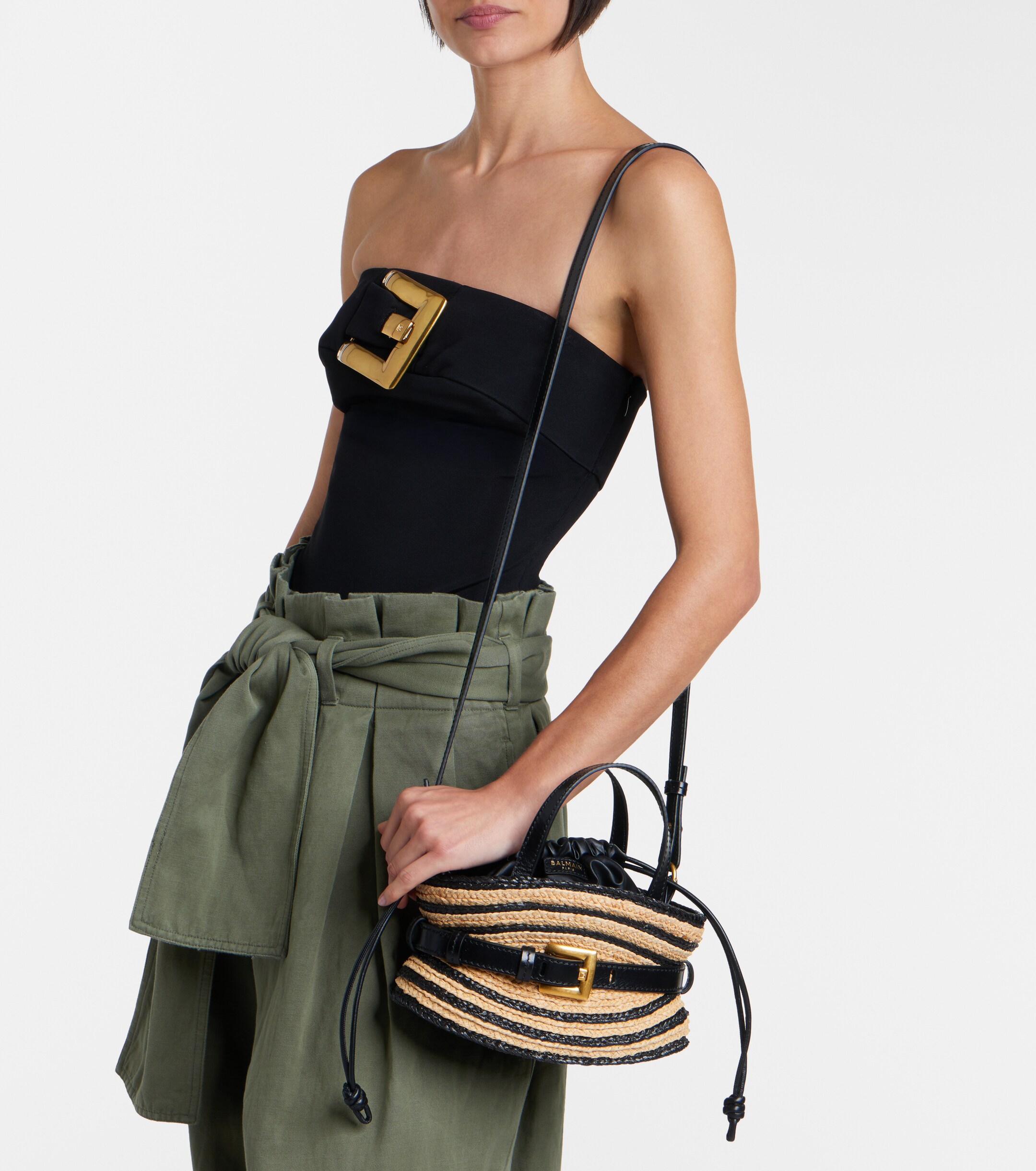Balmain Raffia-effect striped top-handle bag