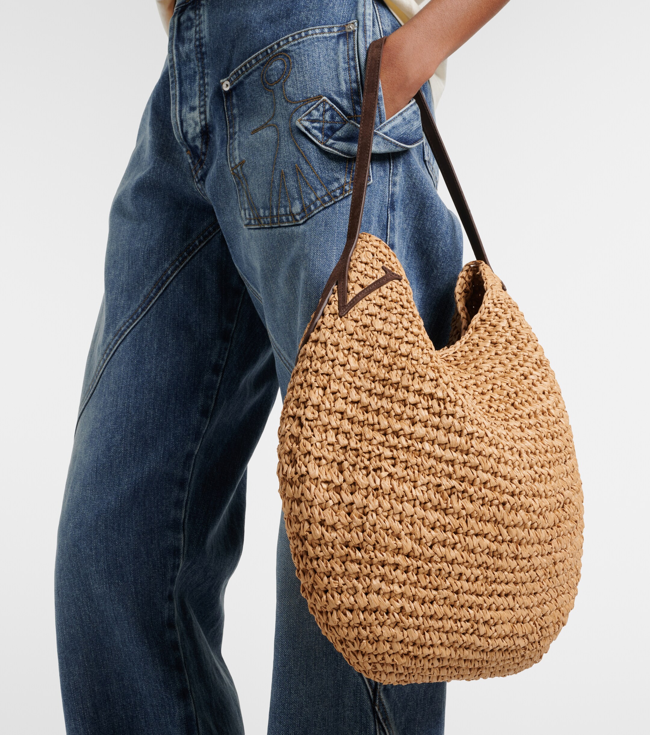 Jw Anderson Bulb XL leather-trimmed raffia shoulder bag