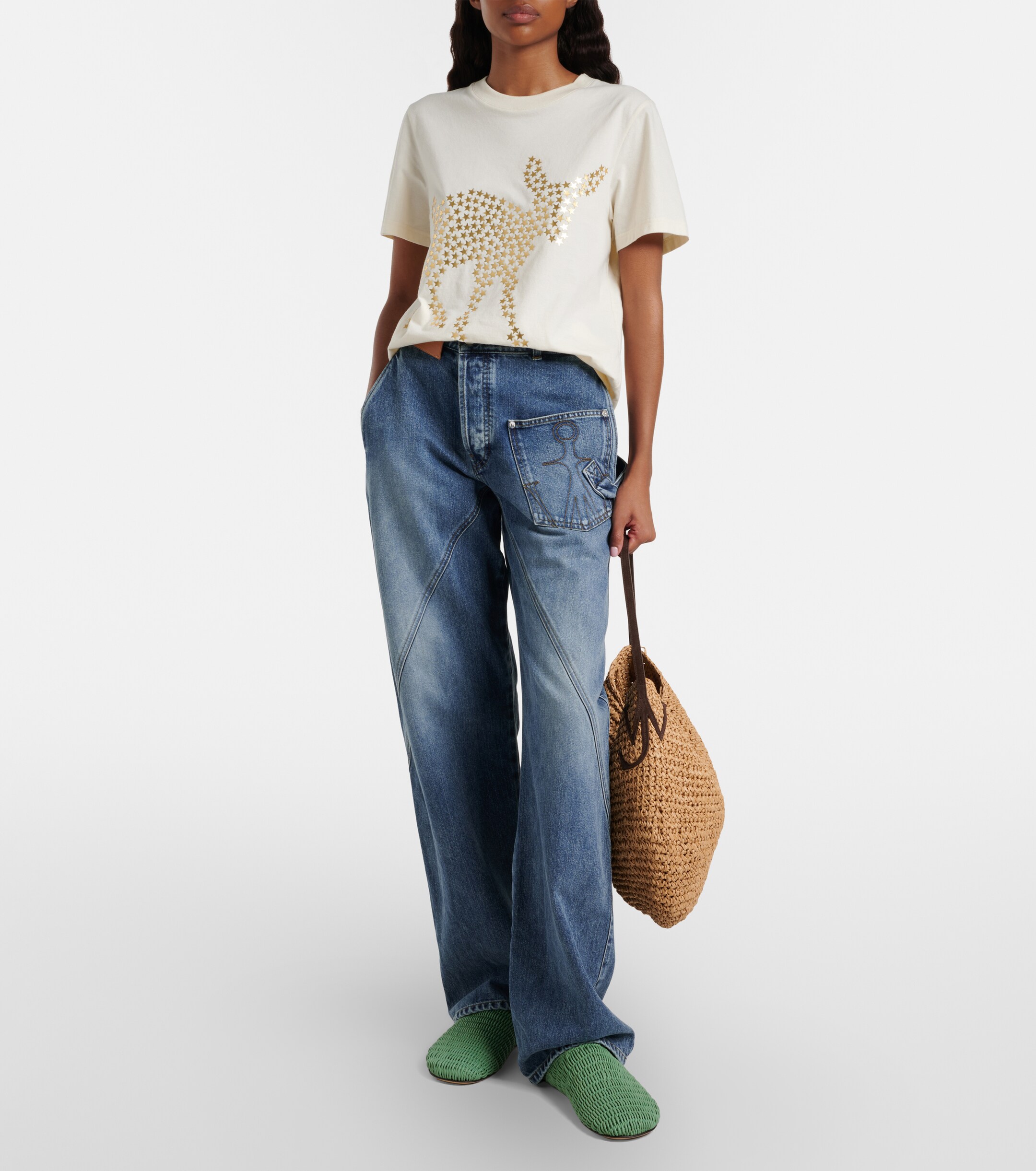 Jw Anderson Bulb XL leather-trimmed raffia shoulder bag
