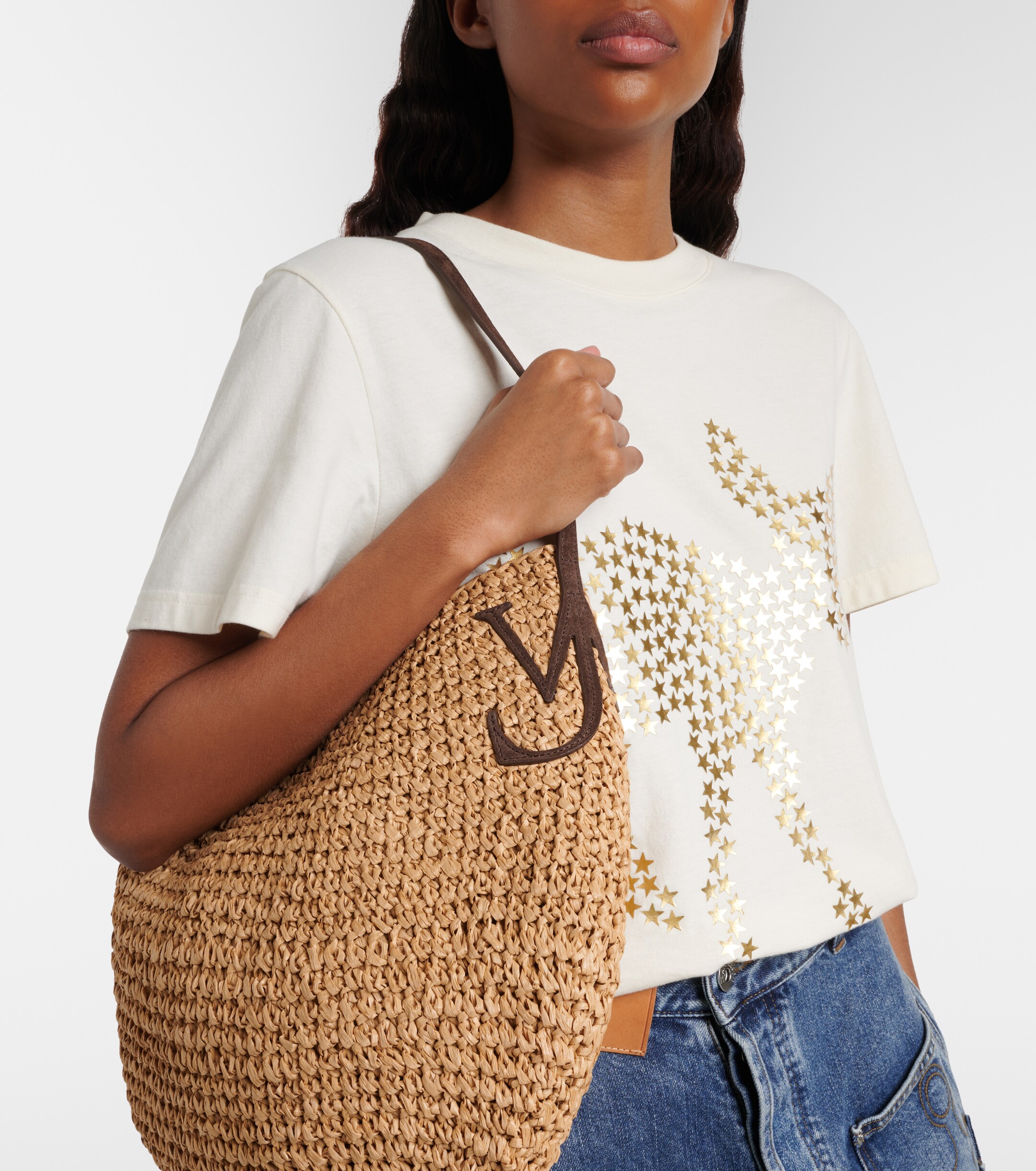 Jw Anderson Bulb XL leather-trimmed raffia shoulder bag