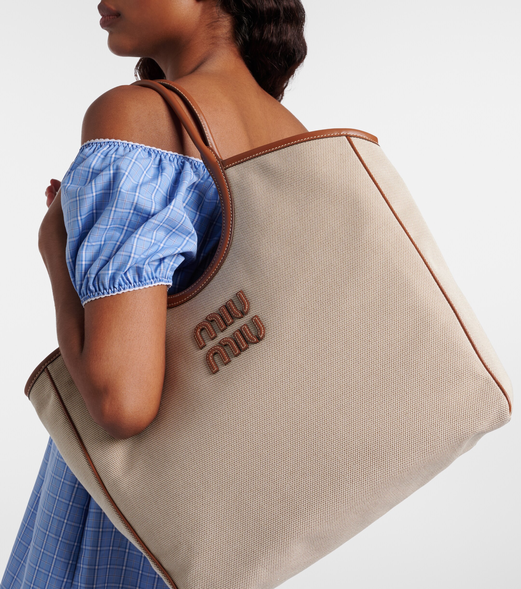 Miu Miu Ivy leather-trimmed canvas shopper
