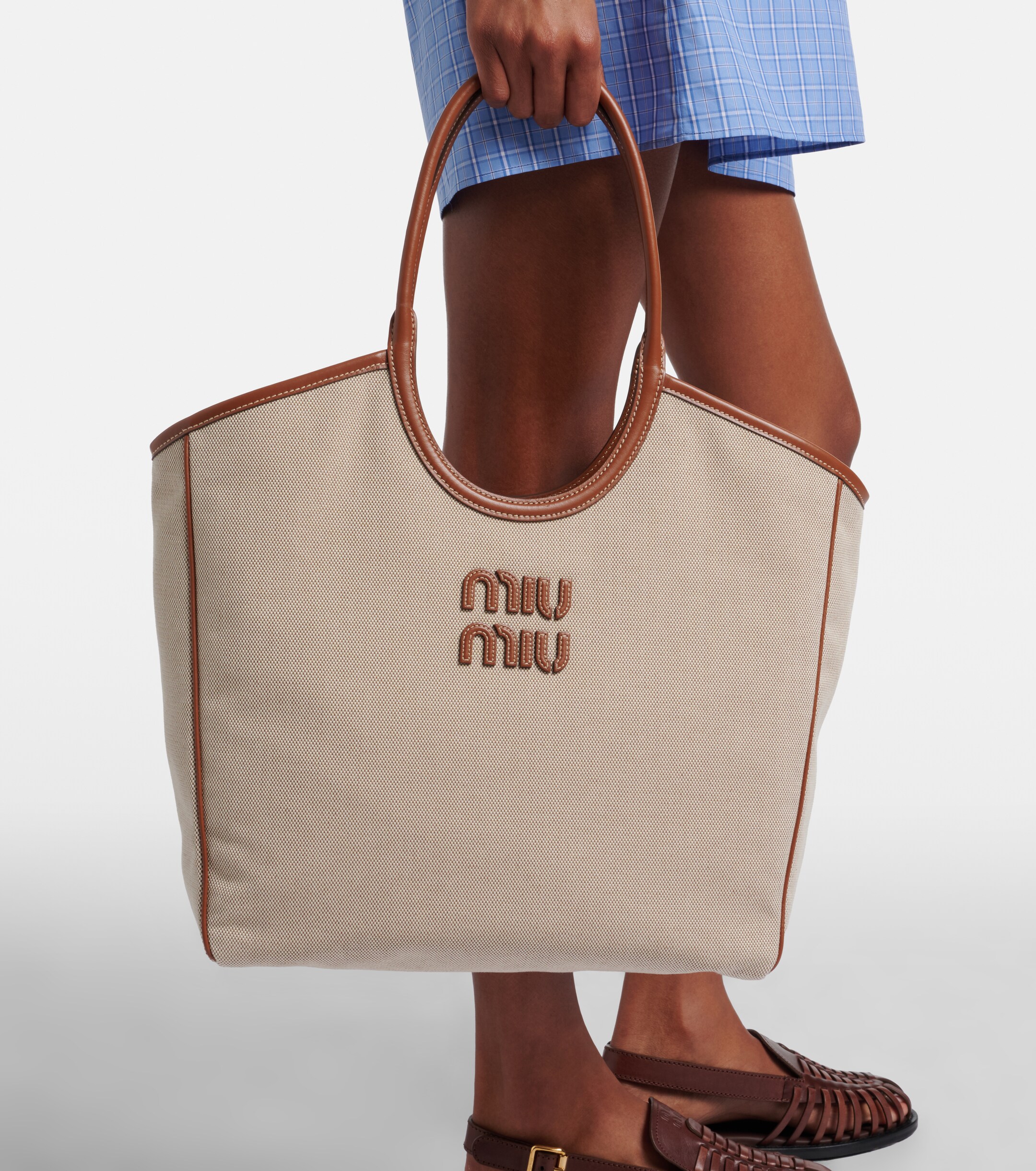 Miu Miu Ivy leather-trimmed canvas shopper