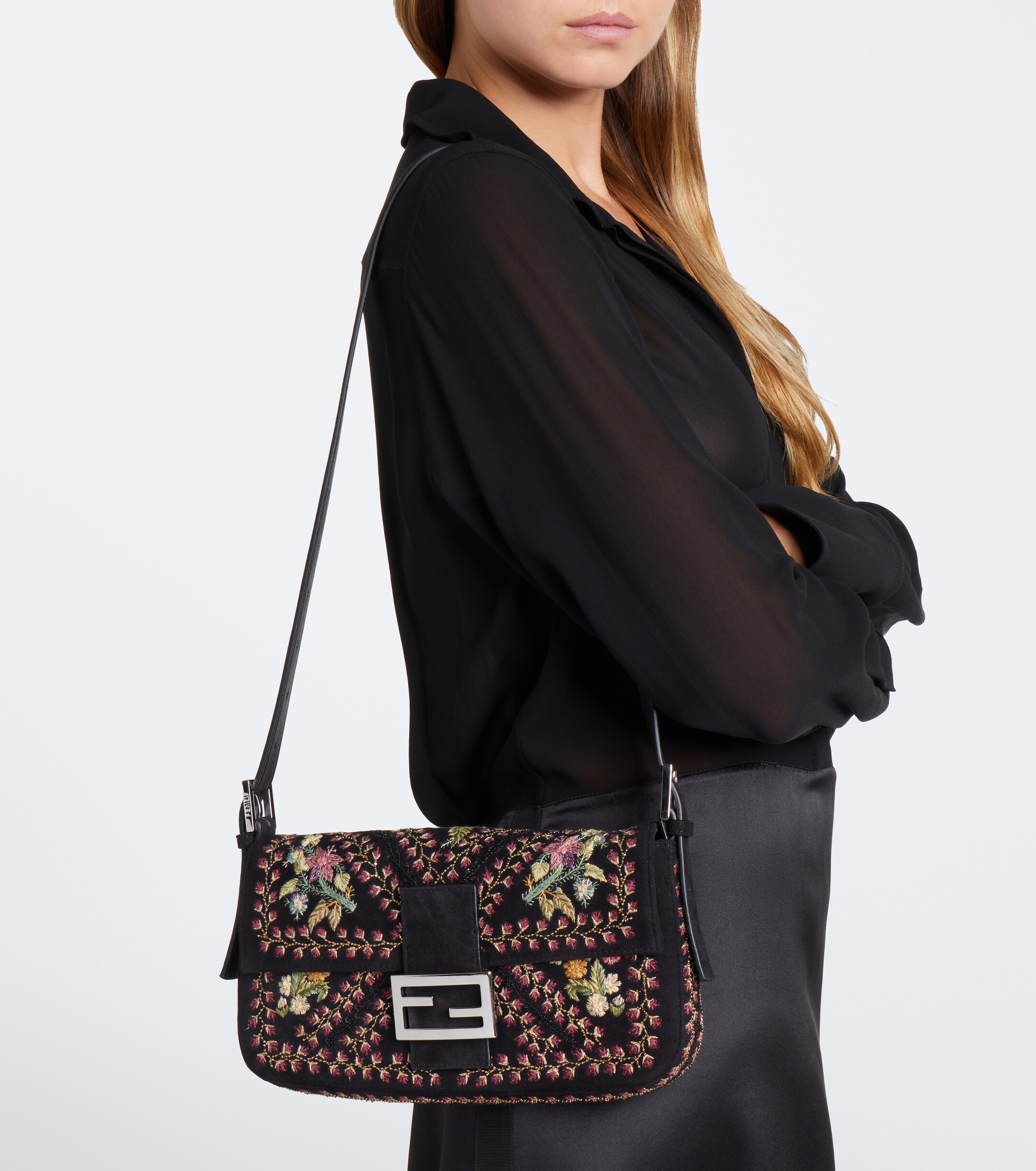 Fendi Fendi Baguette 26424 floral suede shoulder bag