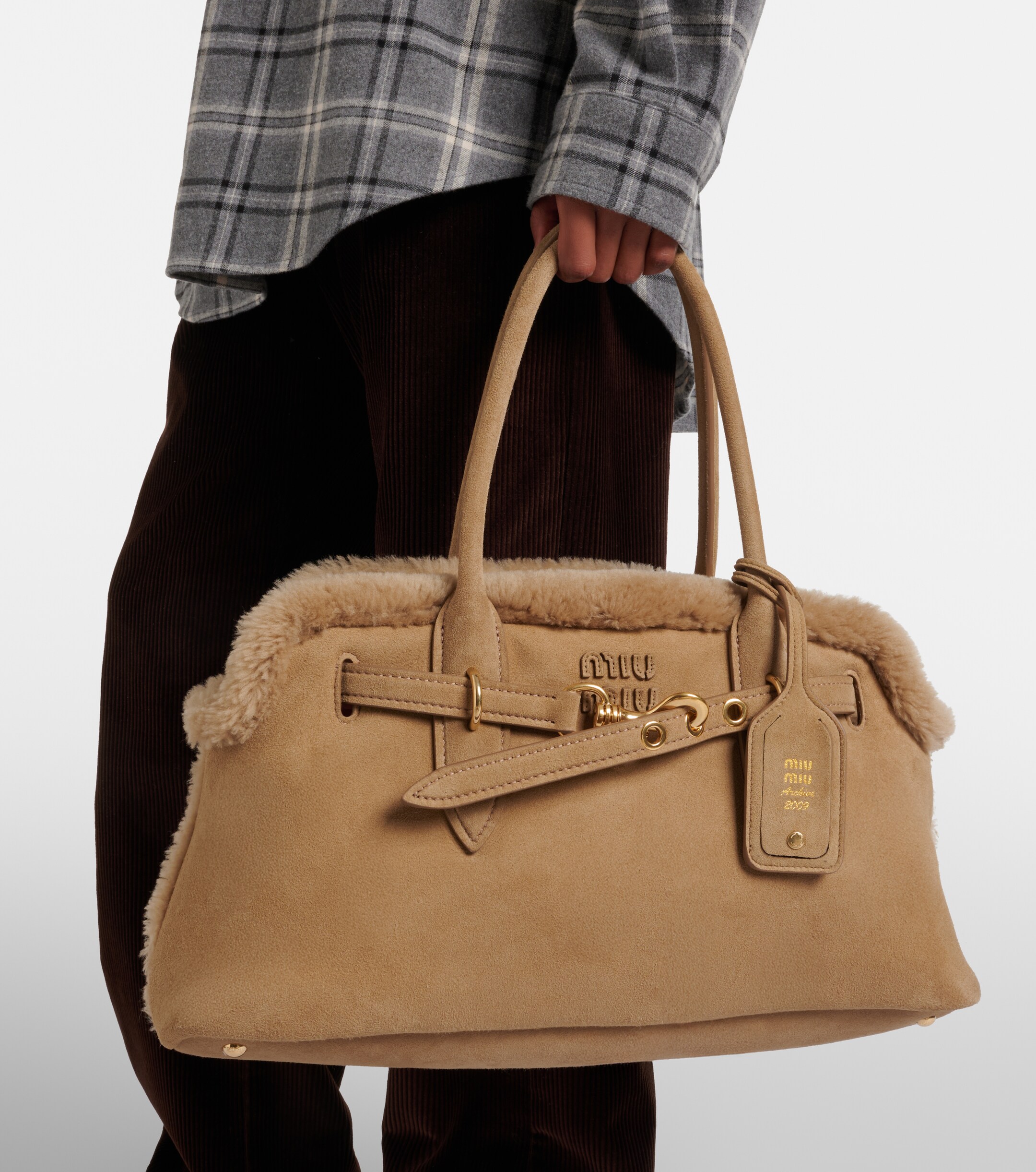 Miu Miu Adventure shearling-lined suede tote bag