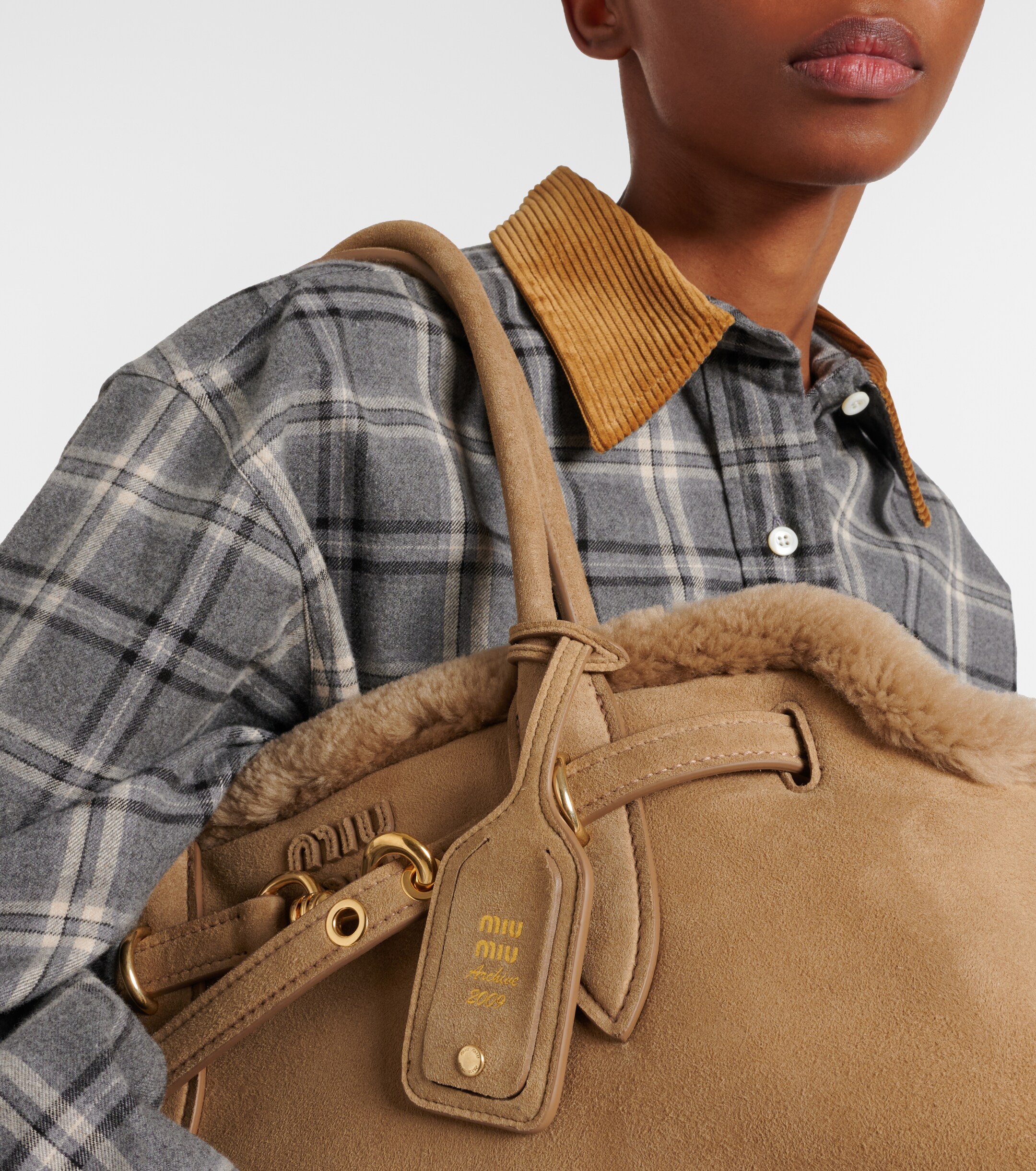 Miu Miu Adventure shearling-lined suede tote bag