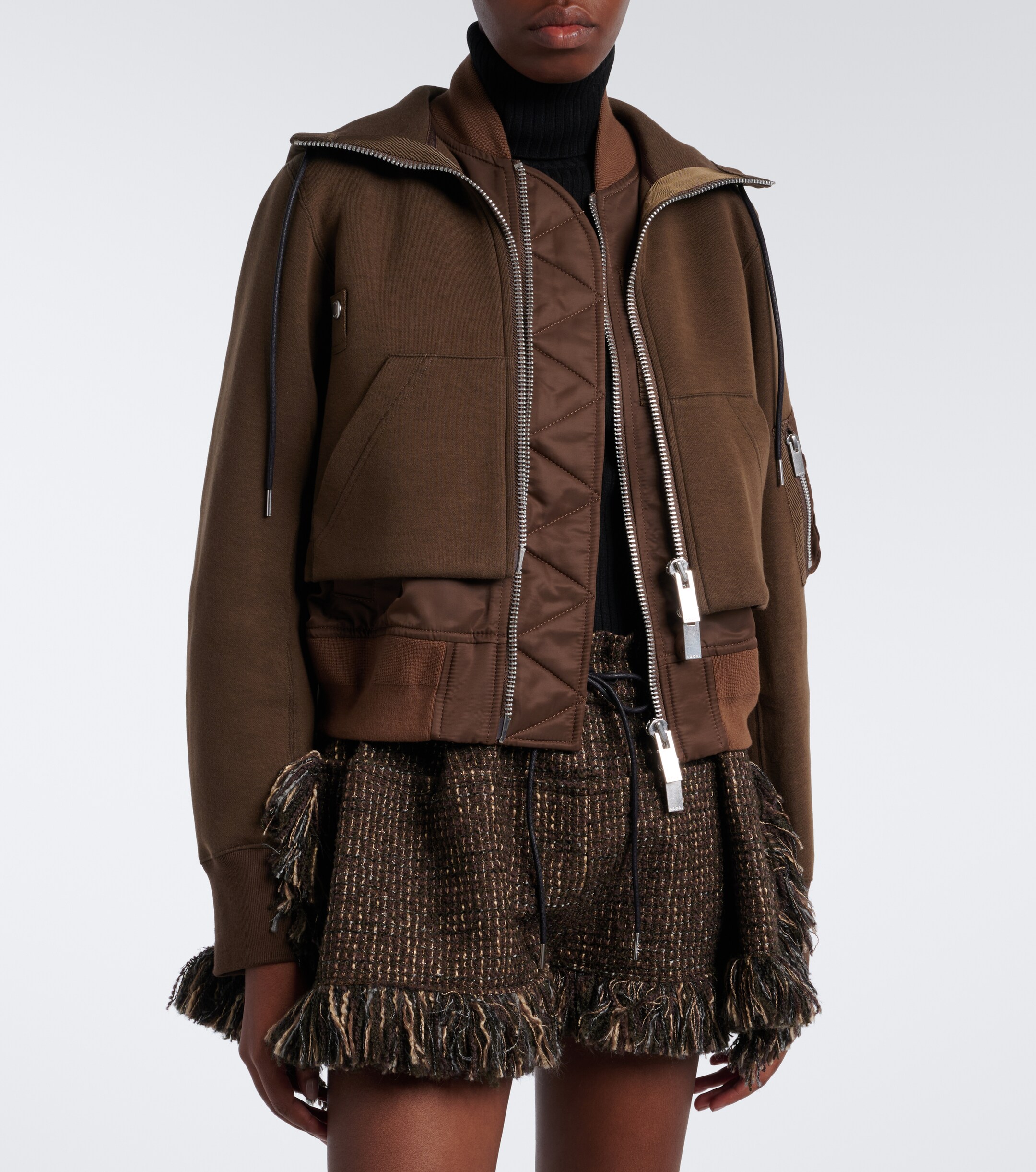 Sacai Sacai Layered cotton-blend zip-up hoodie