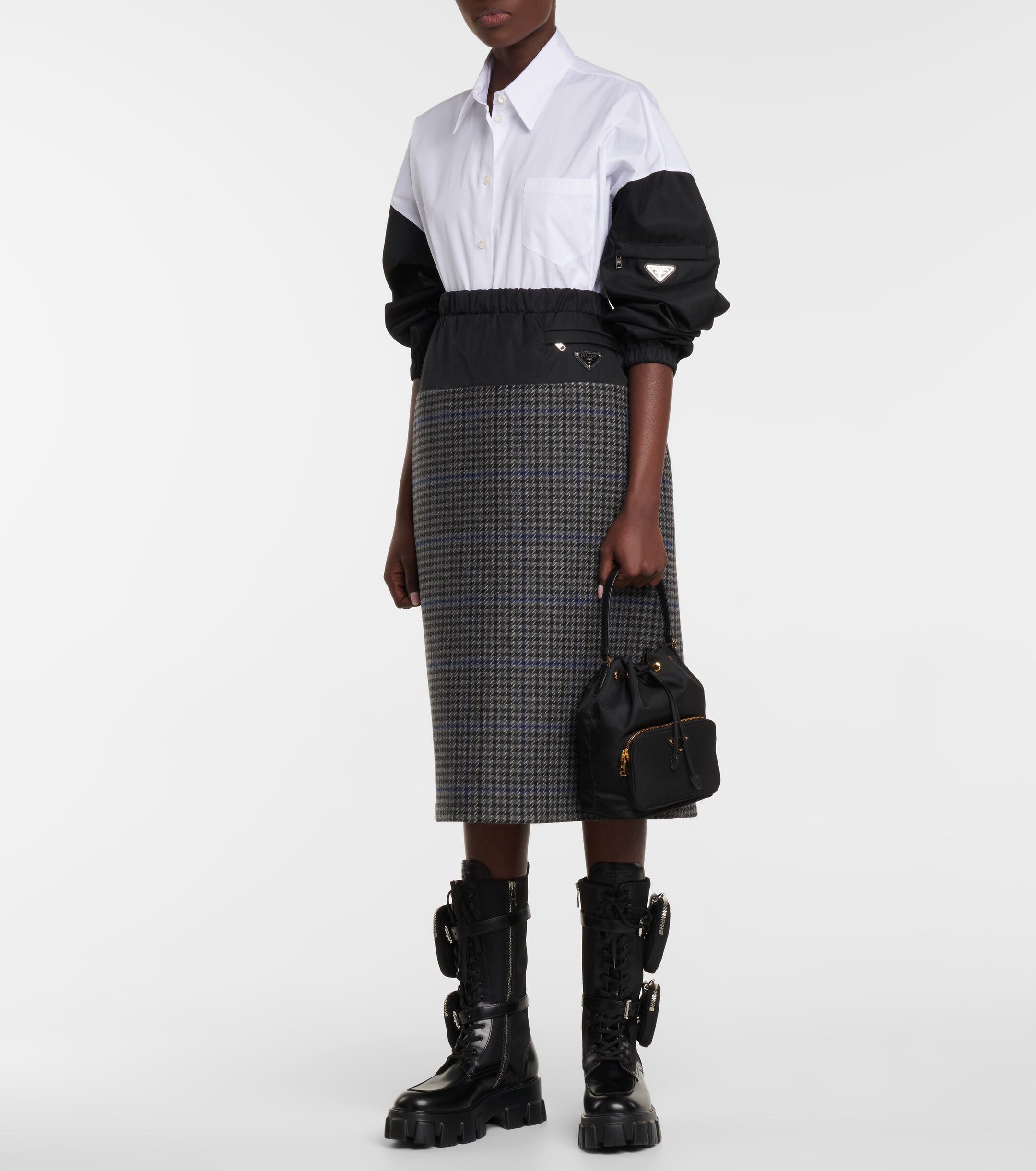 Prada Houndstooth wool and nylon midi skirt
