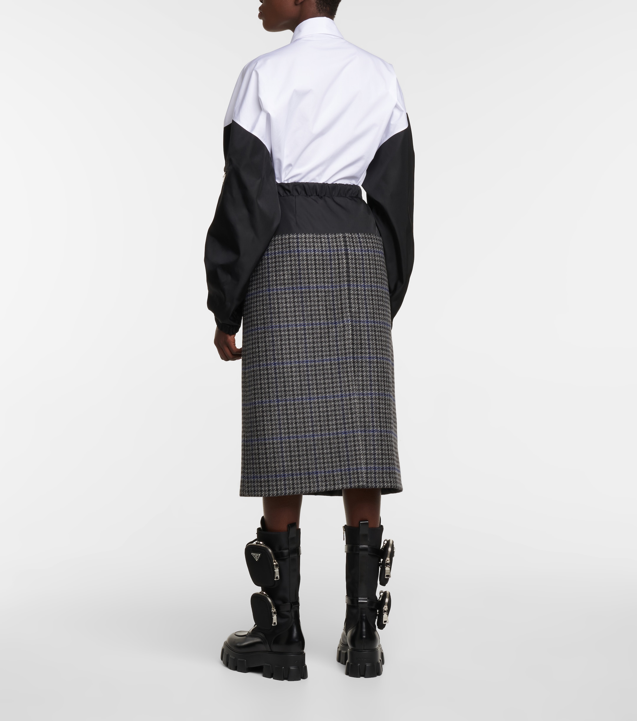 Prada Houndstooth wool and nylon midi skirt thumbnail
