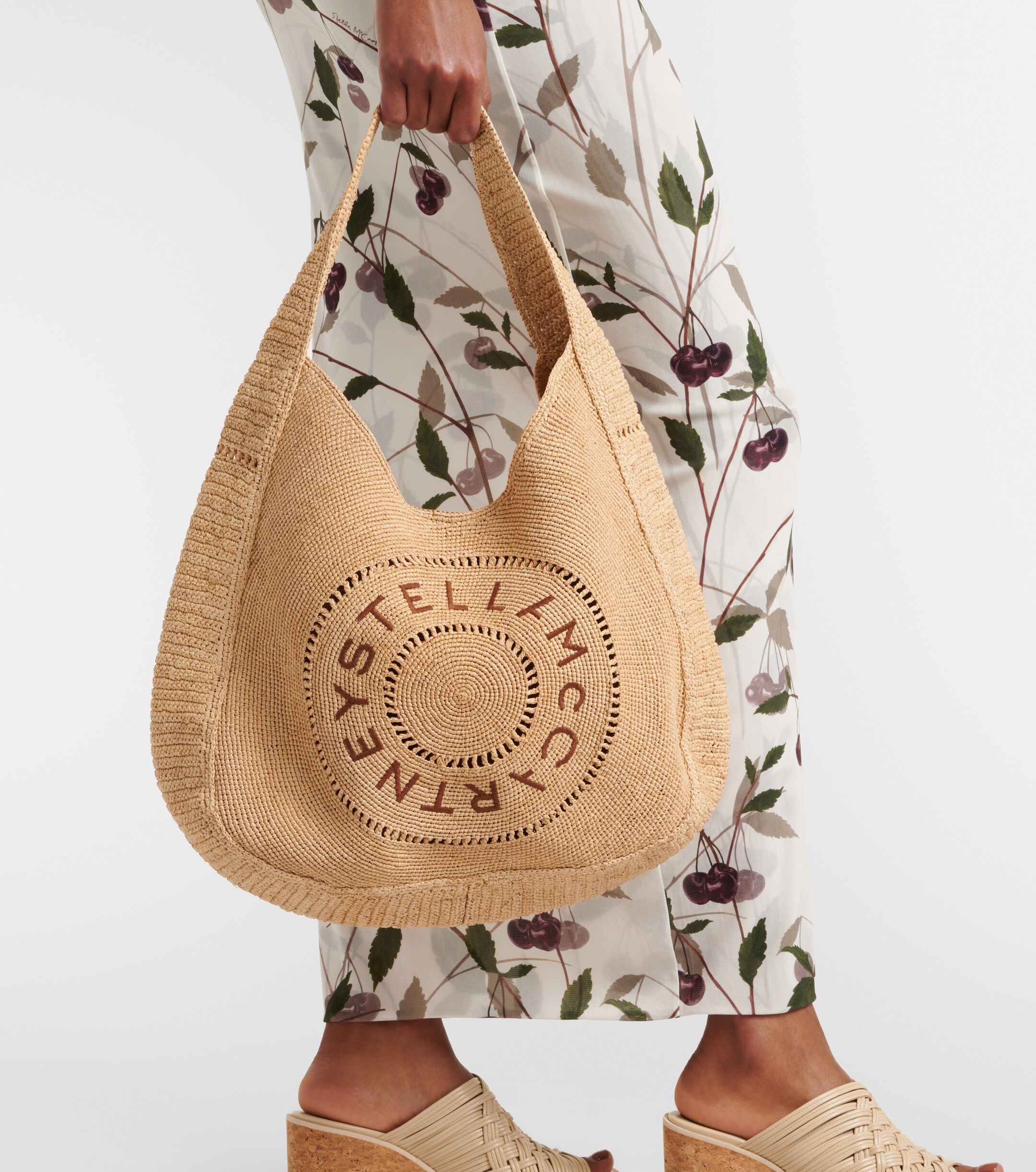 Stella McCartney Logo embroidered raffia tote bag