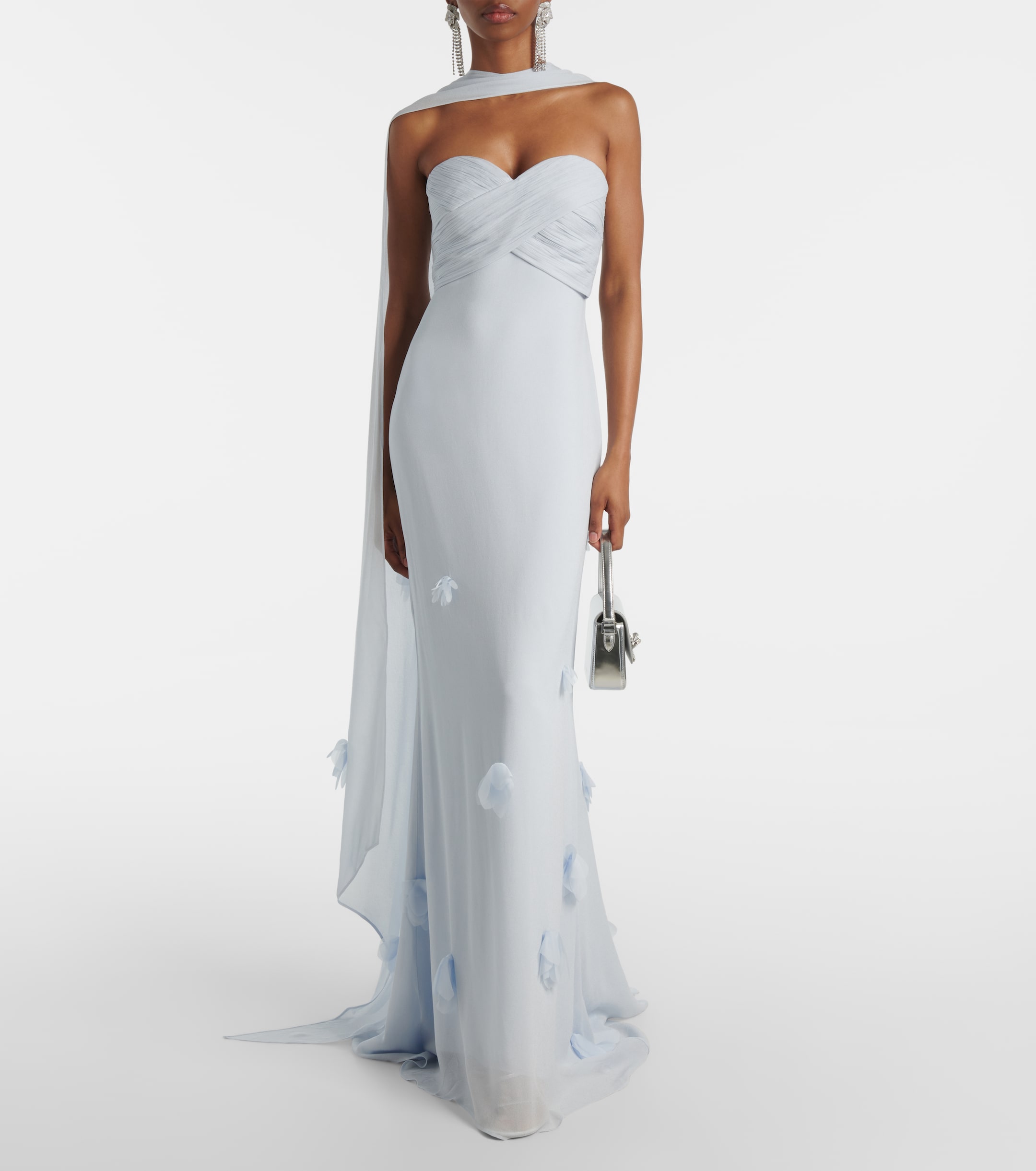 self-portrait Floral-appliqué silk-detail georgette gown
