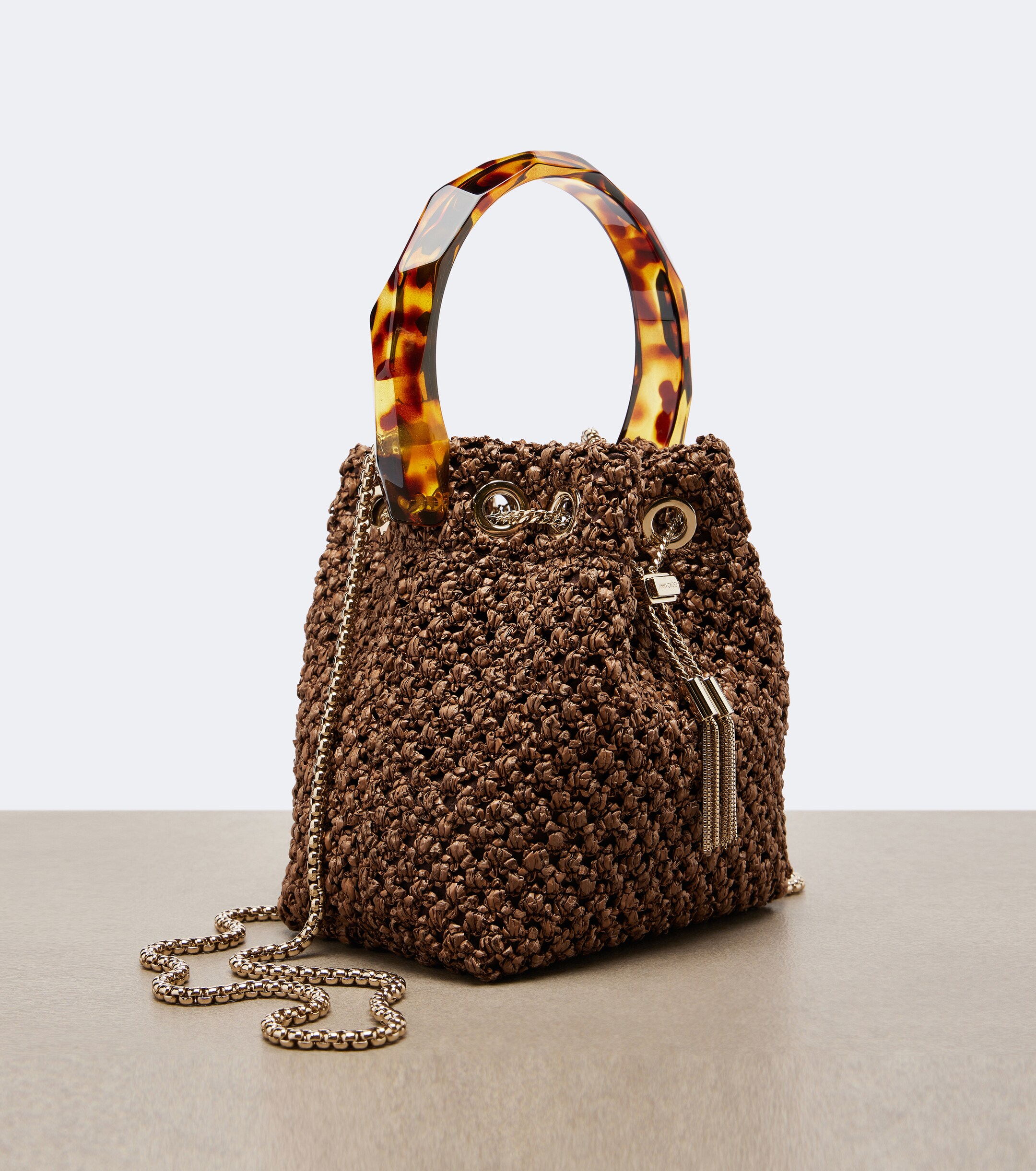 JIMMY CHOO Bon Bon raffia-effect bucket bag