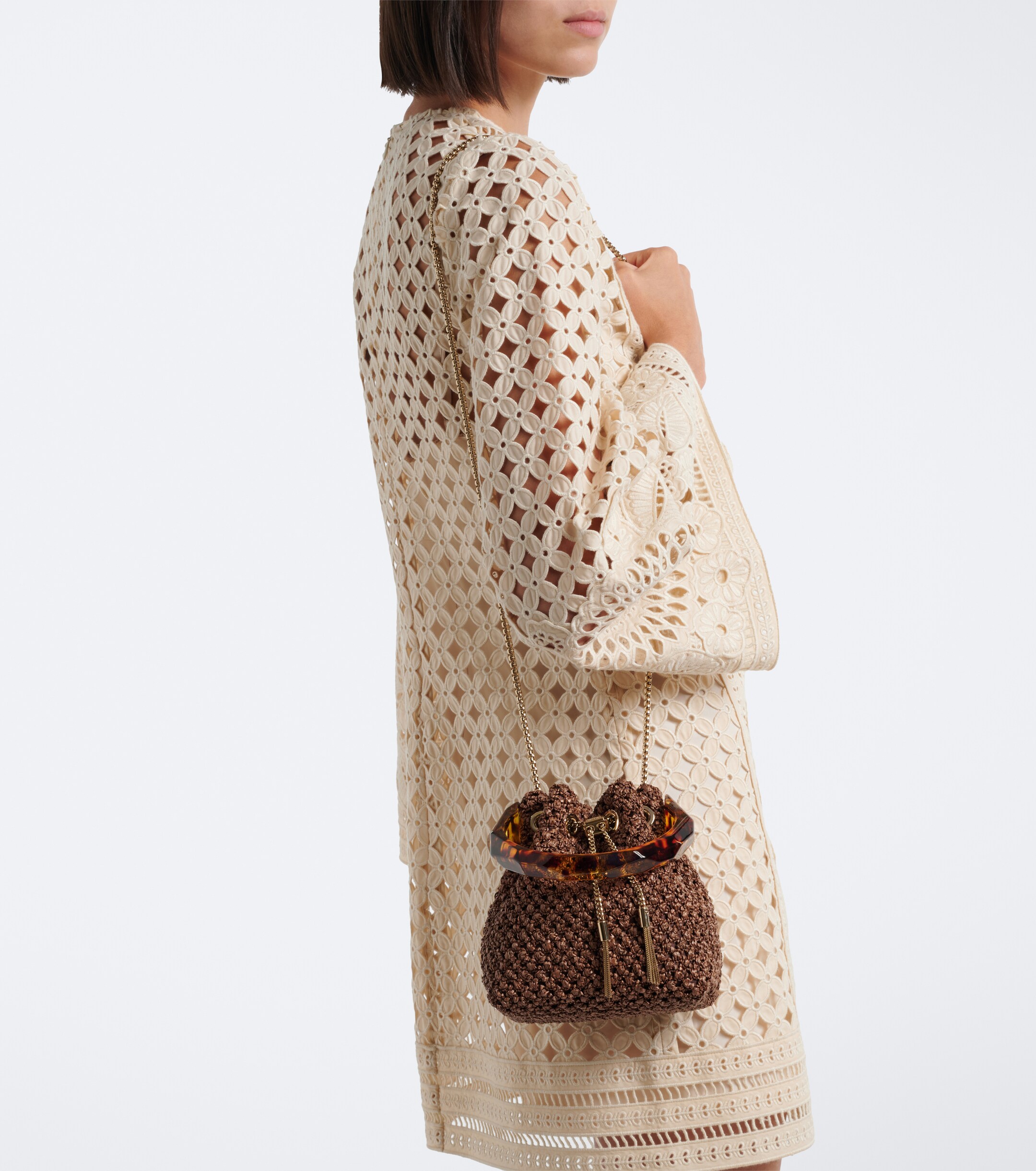 JIMMY CHOO Bon Bon raffia-effect bucket bag