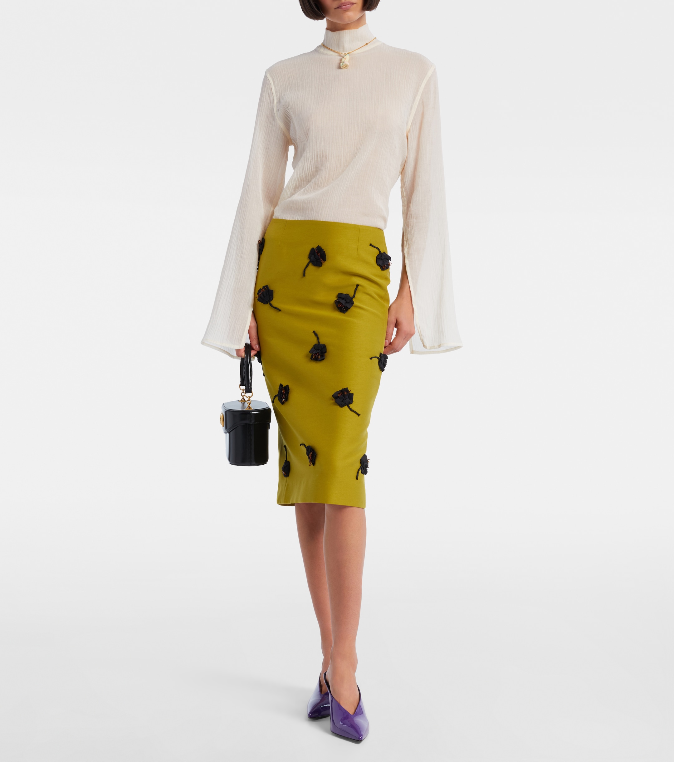SHUSHU/TONG Floral-appliqué pencil skirt