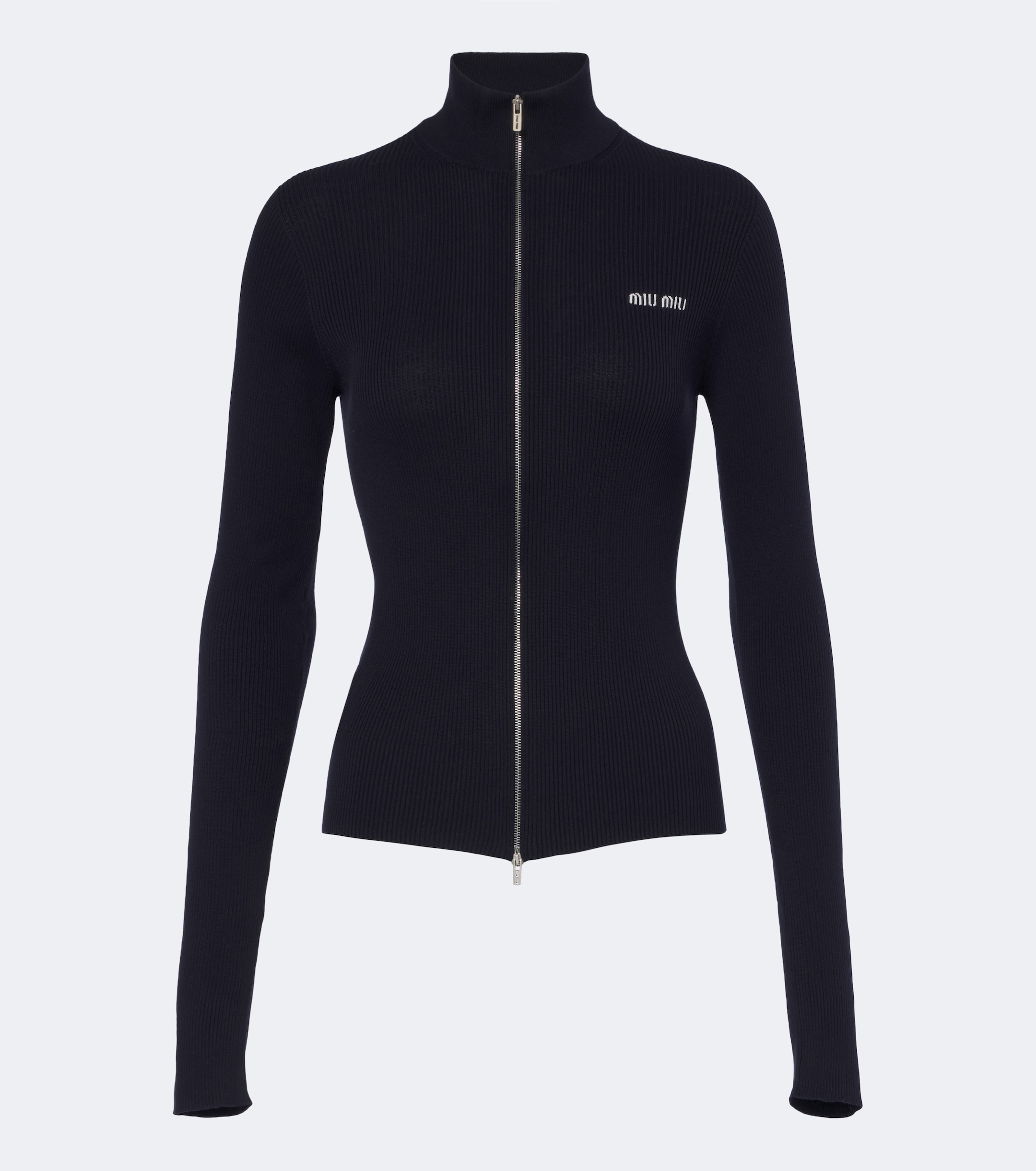 Miu Miu Miu Miu Logo ribbed-knit cotton zip-up sweater