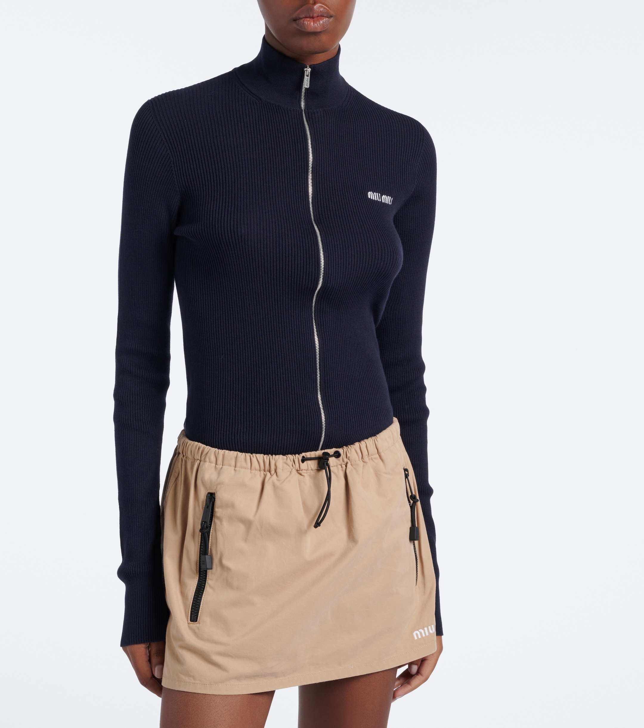 Miu Miu Miu Miu Logo ribbed-knit cotton zip-up sweater