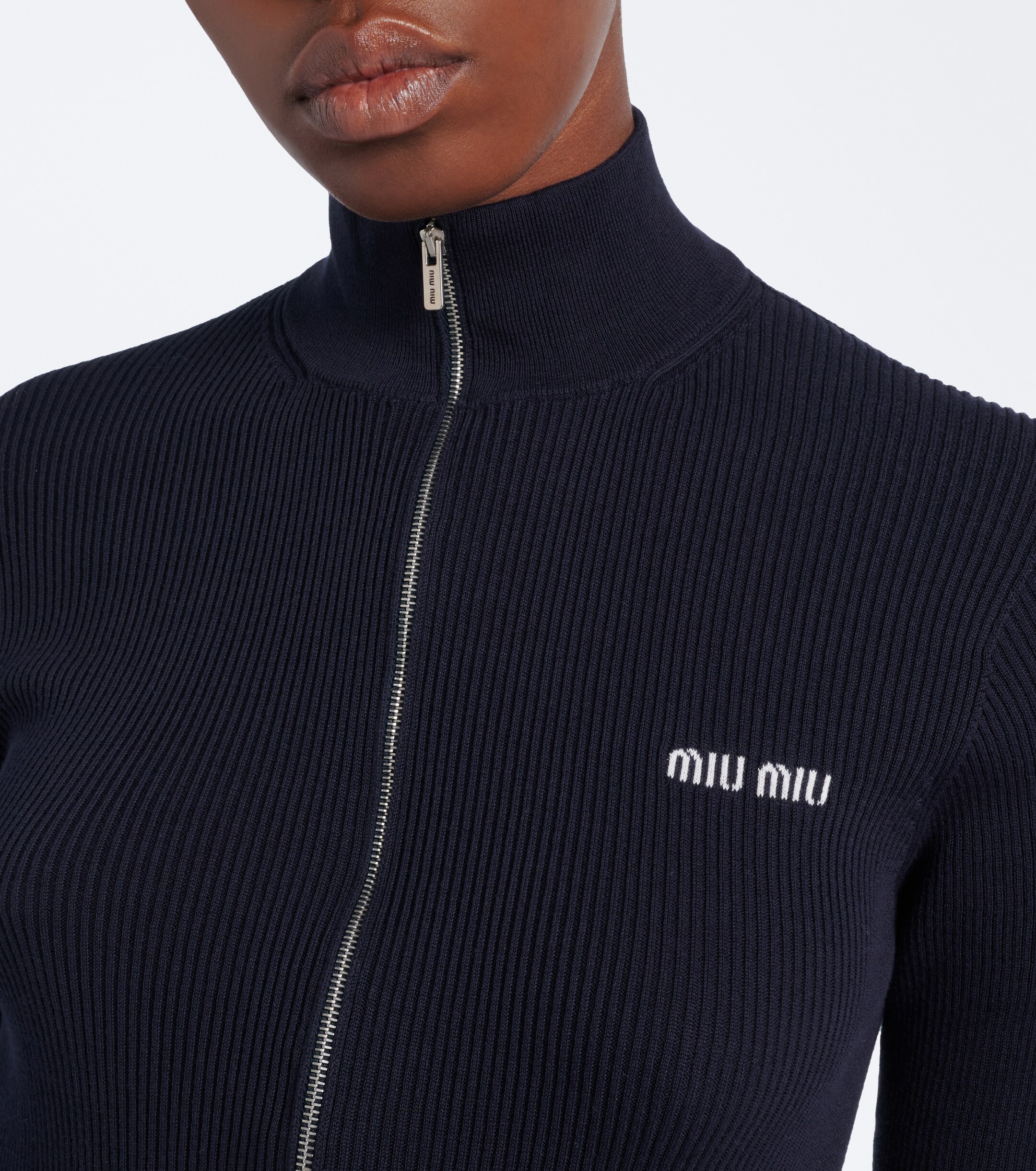Miu Miu Miu Miu Logo ribbed-knit cotton zip-up sweater