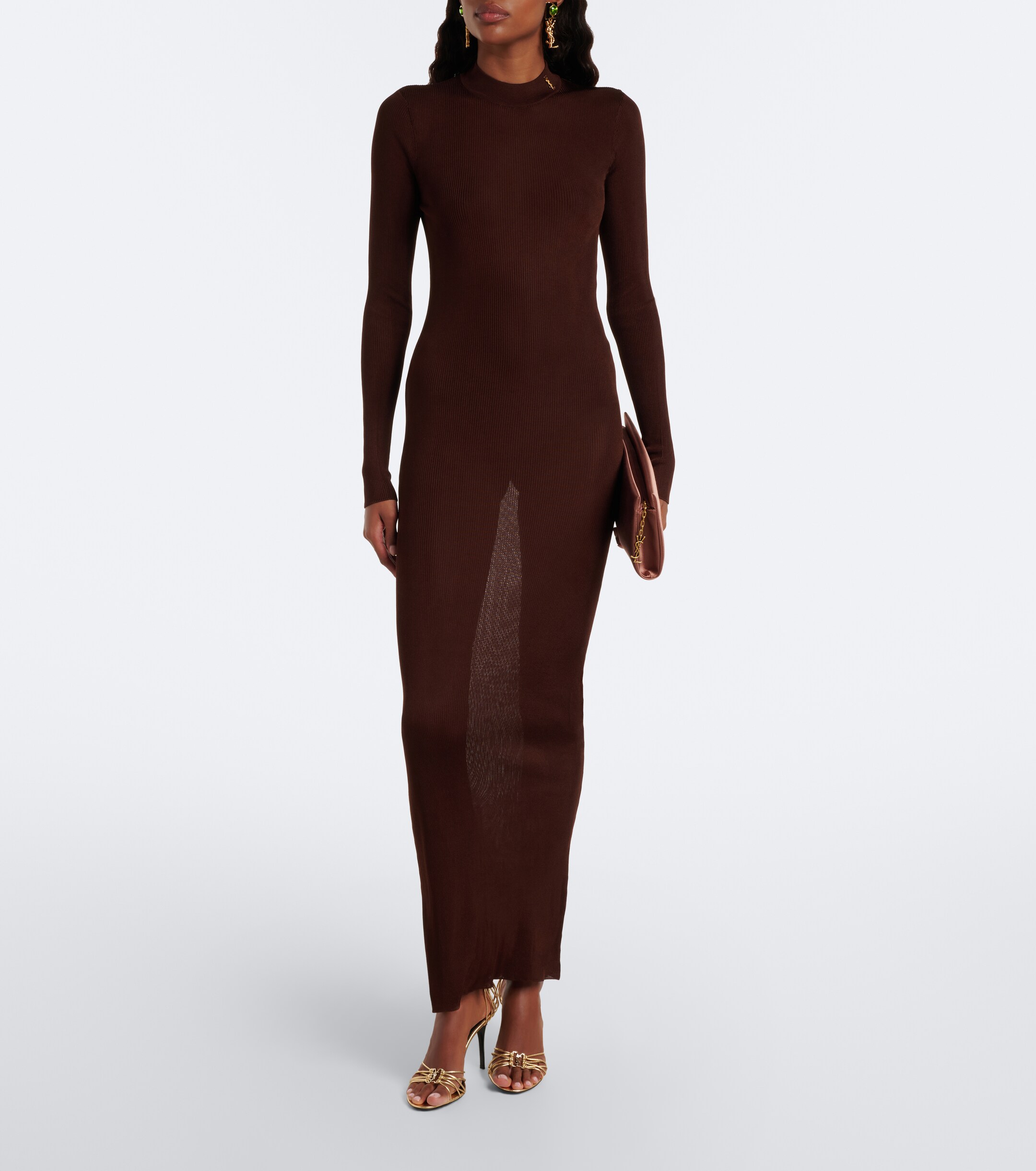 Saint Laurent Saint Laurent Cassandre ribbed-knit silk maxi dress