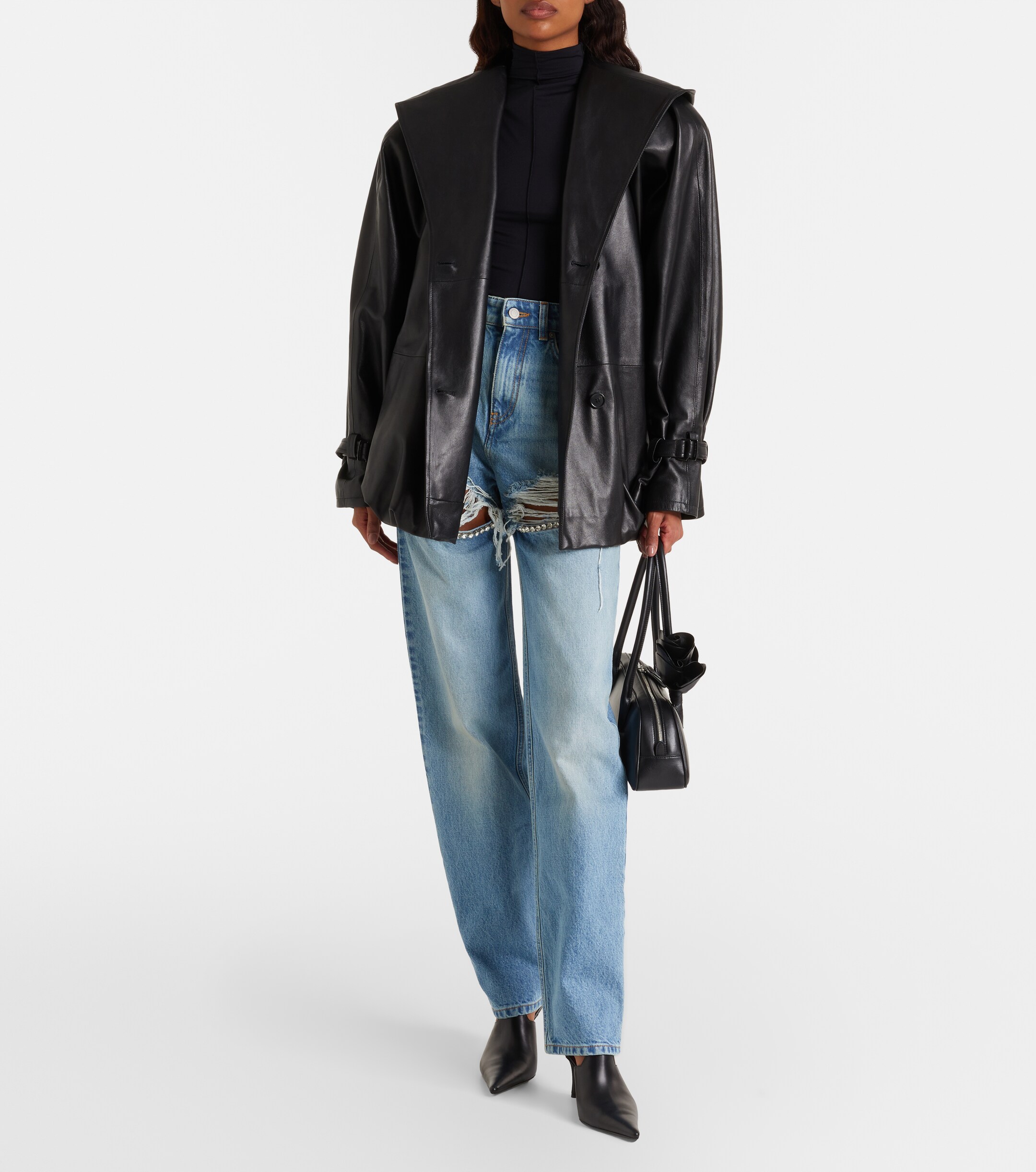Area Distressed embellished wide-leg jeans