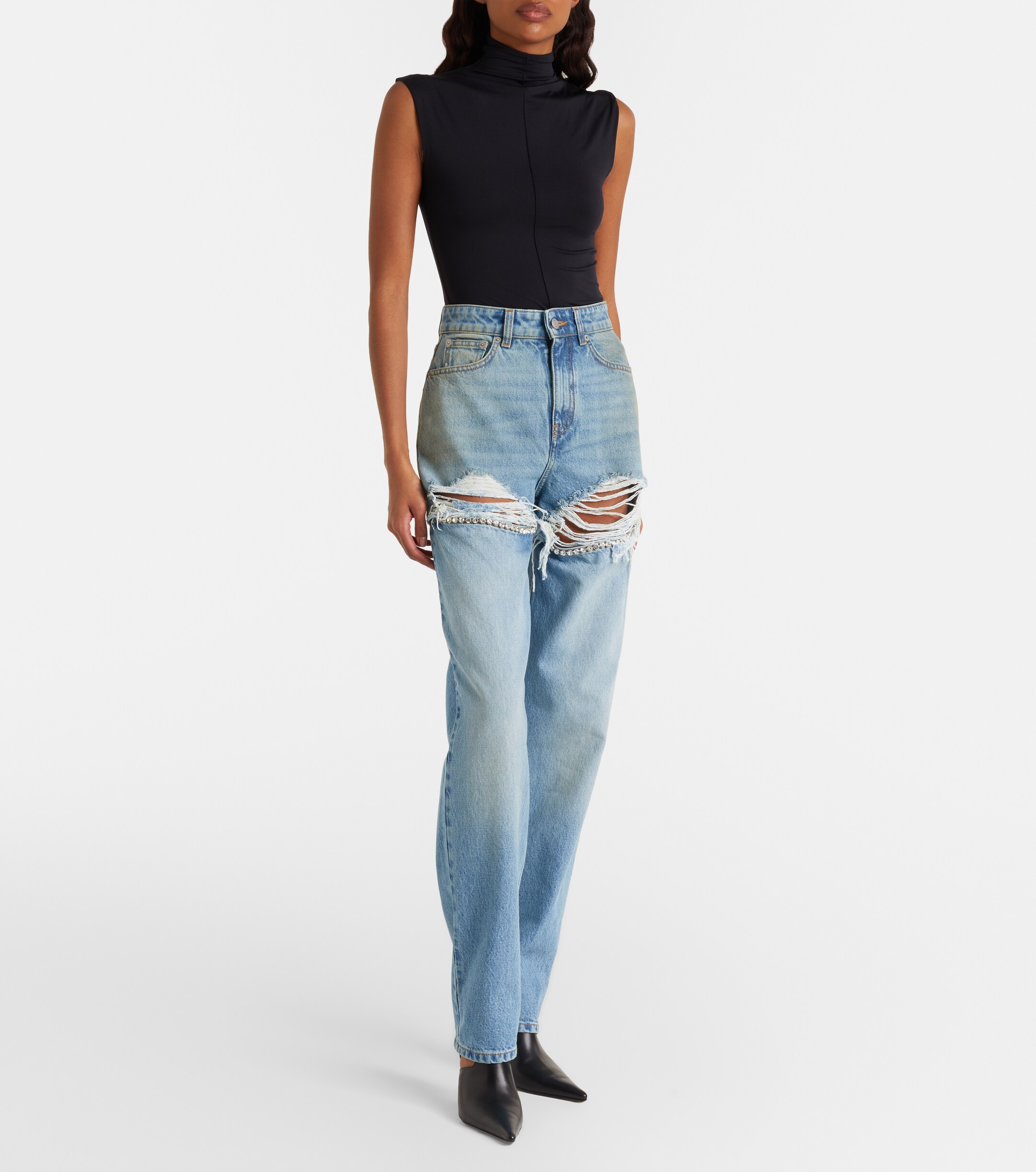 Area Distressed embellished wide-leg jeans