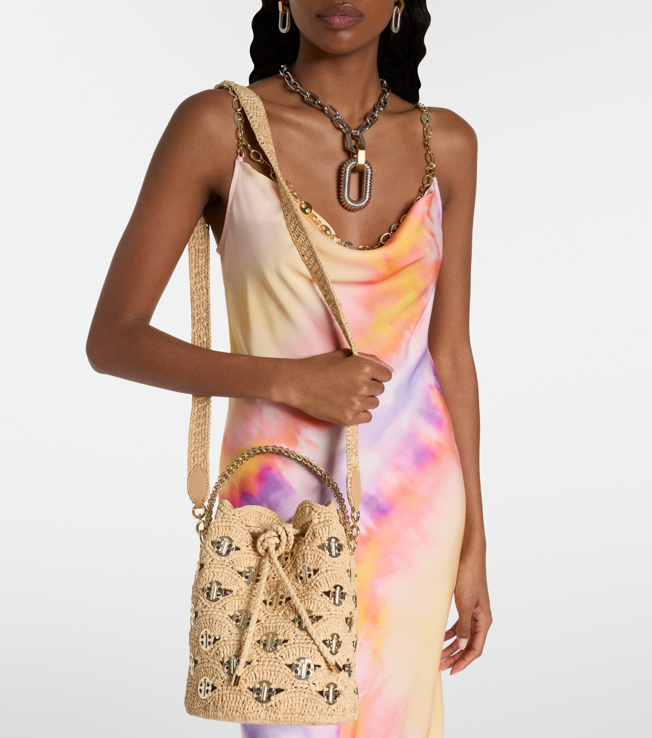 Rabanne Embellished raffia tote bag