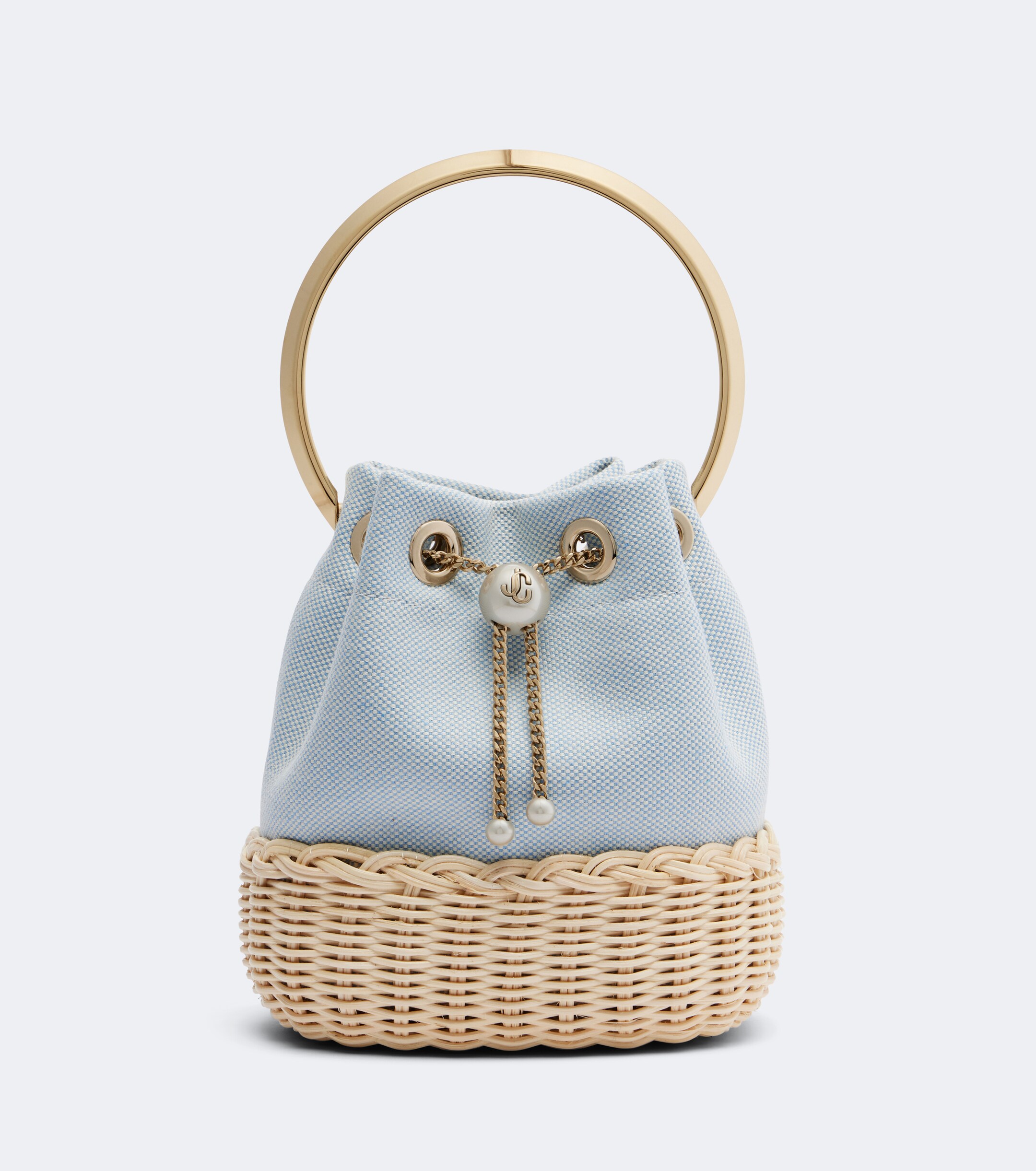 JIMMY CHOO Bon Bon canvas and wicker bucket bag