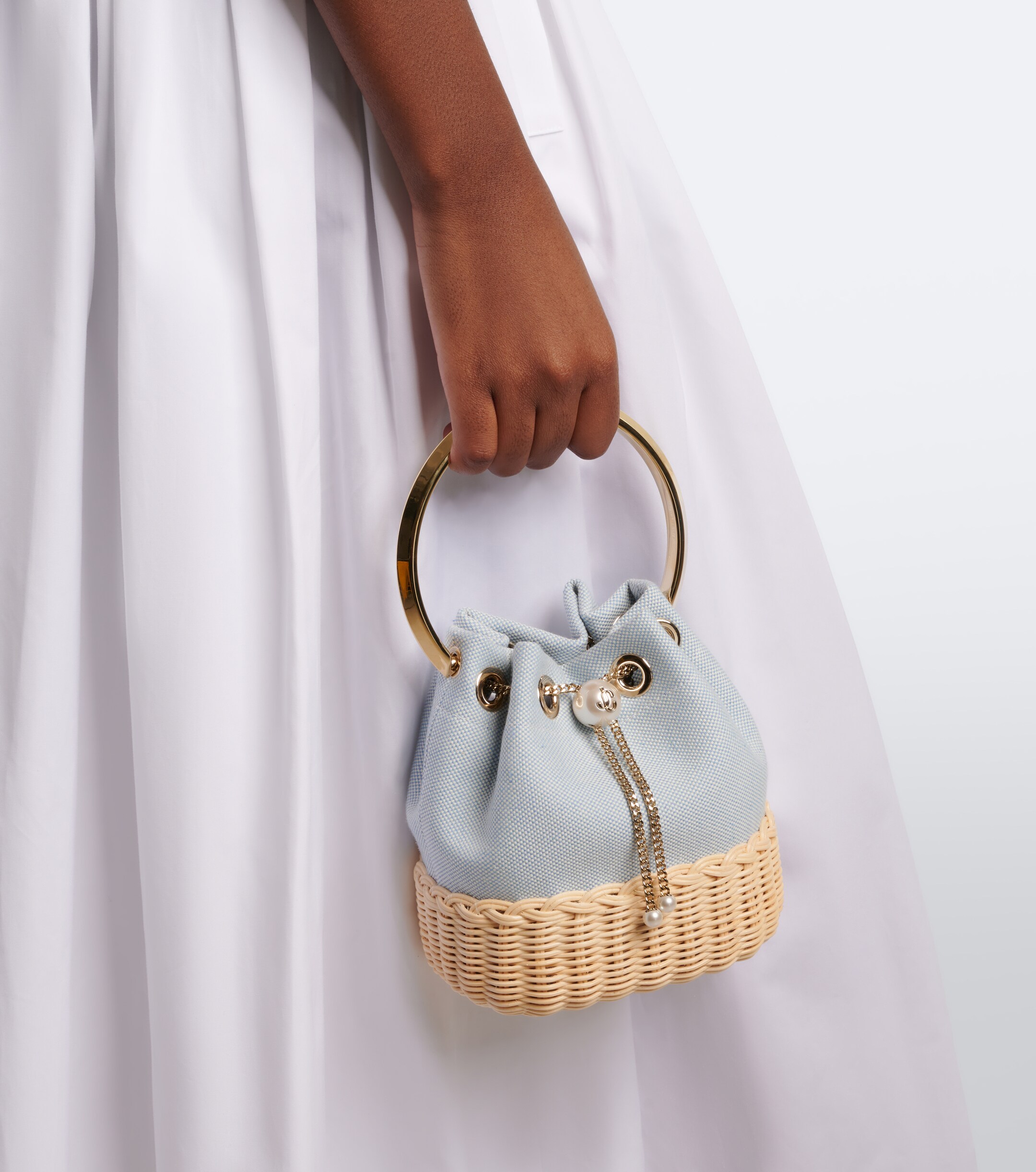 JIMMY CHOO Bon Bon canvas and wicker bucket bag