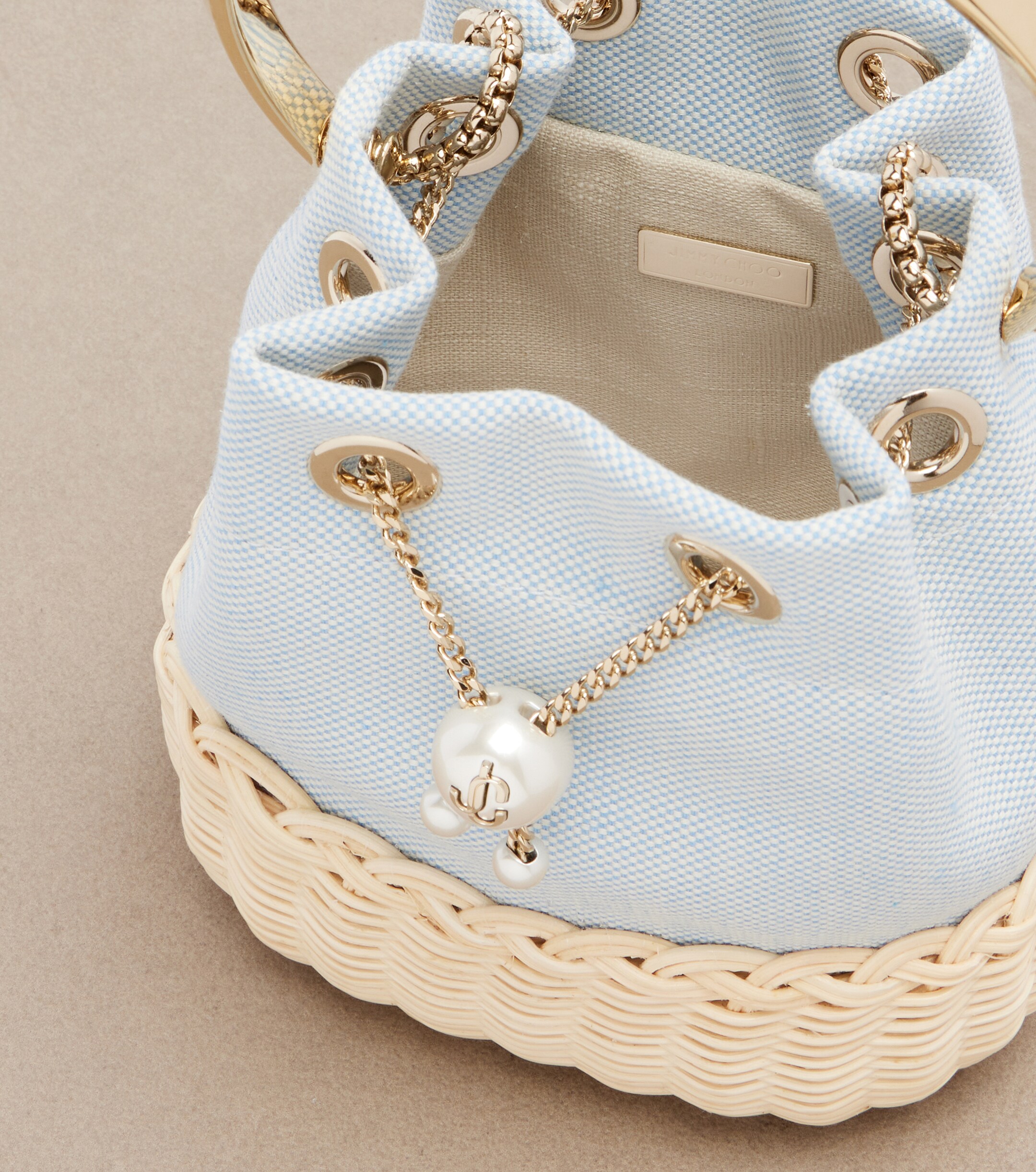 JIMMY CHOO Bon Bon canvas and wicker bucket bag