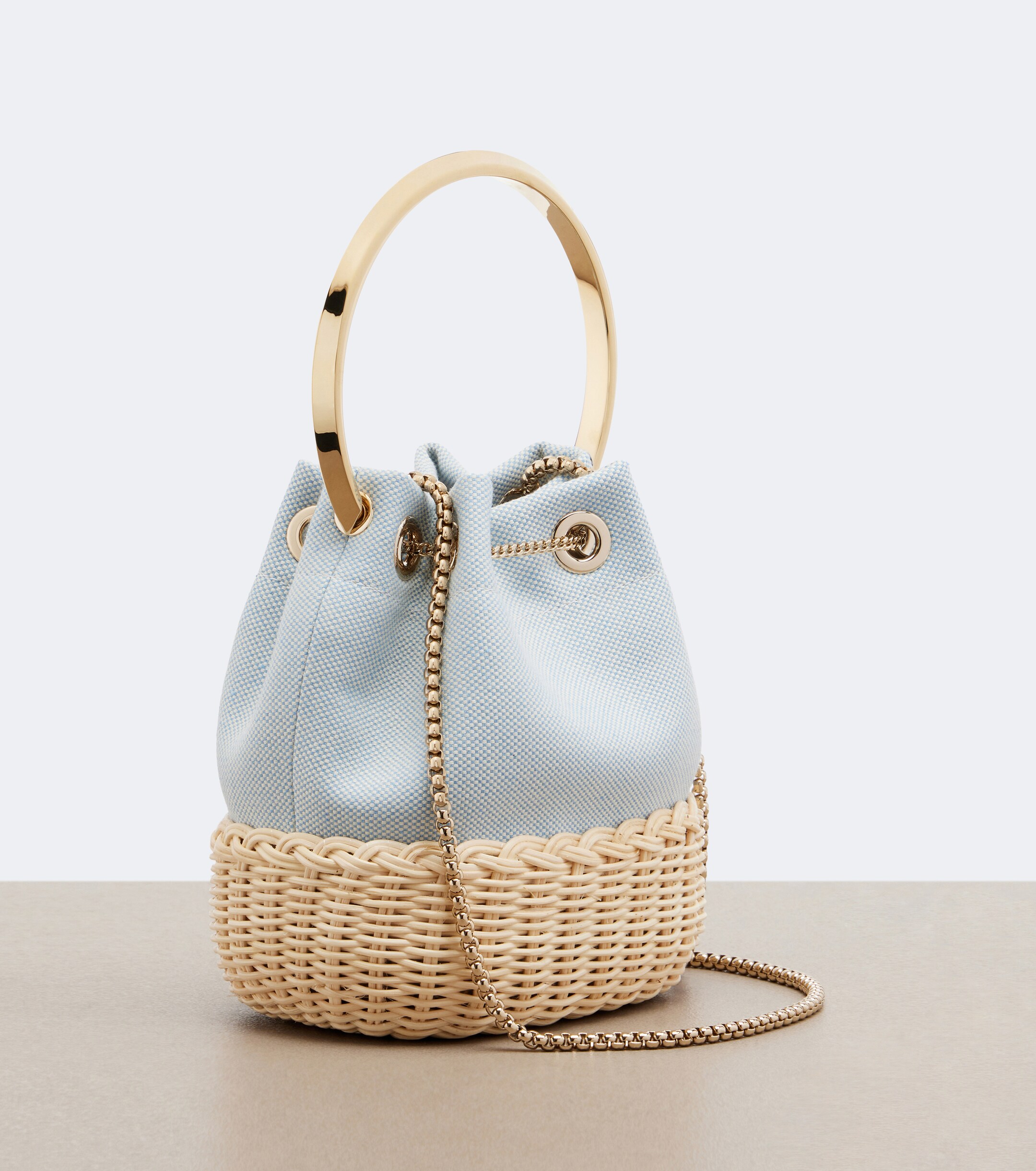 JIMMY CHOO Bon Bon canvas and wicker bucket bag