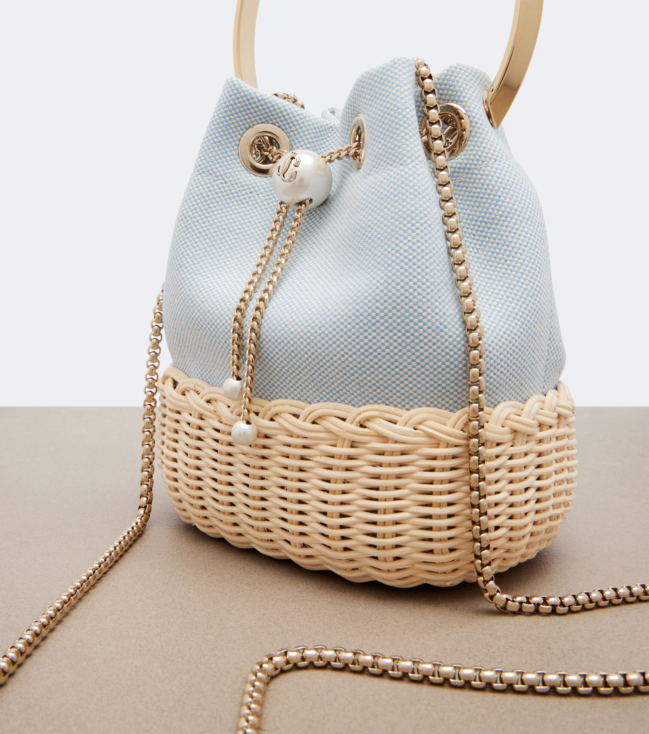 JIMMY CHOO Bon Bon canvas and wicker bucket bag