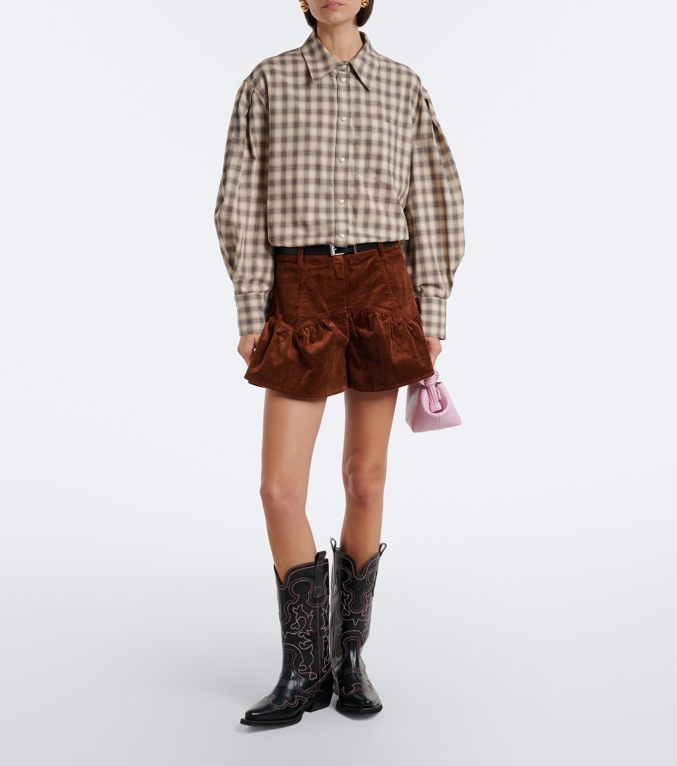 GANNI Ganni Ruffled cotton-blend corduroy shorts