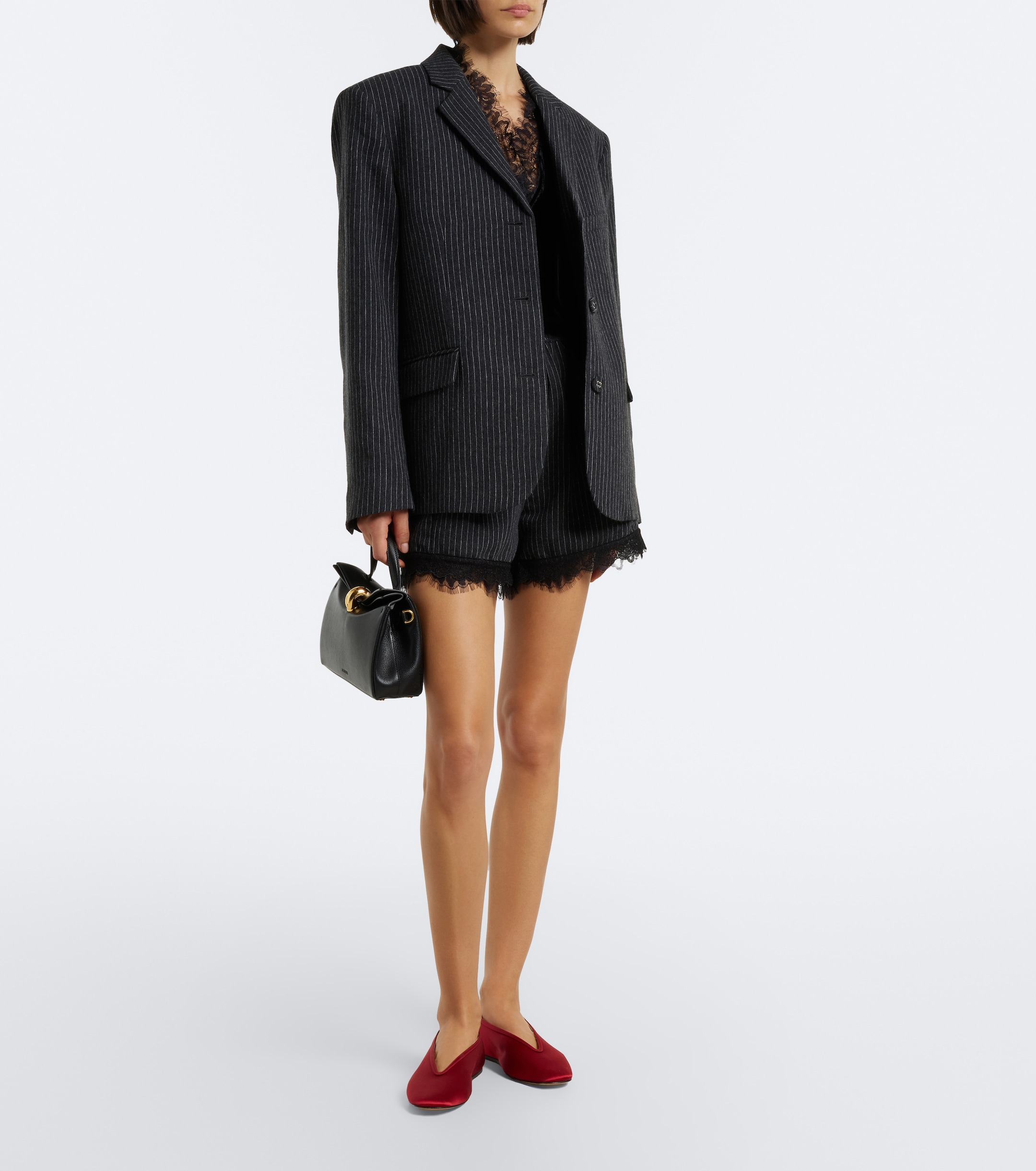 GANNI Ganni Lace-trimmed pinstripe flannel shorts