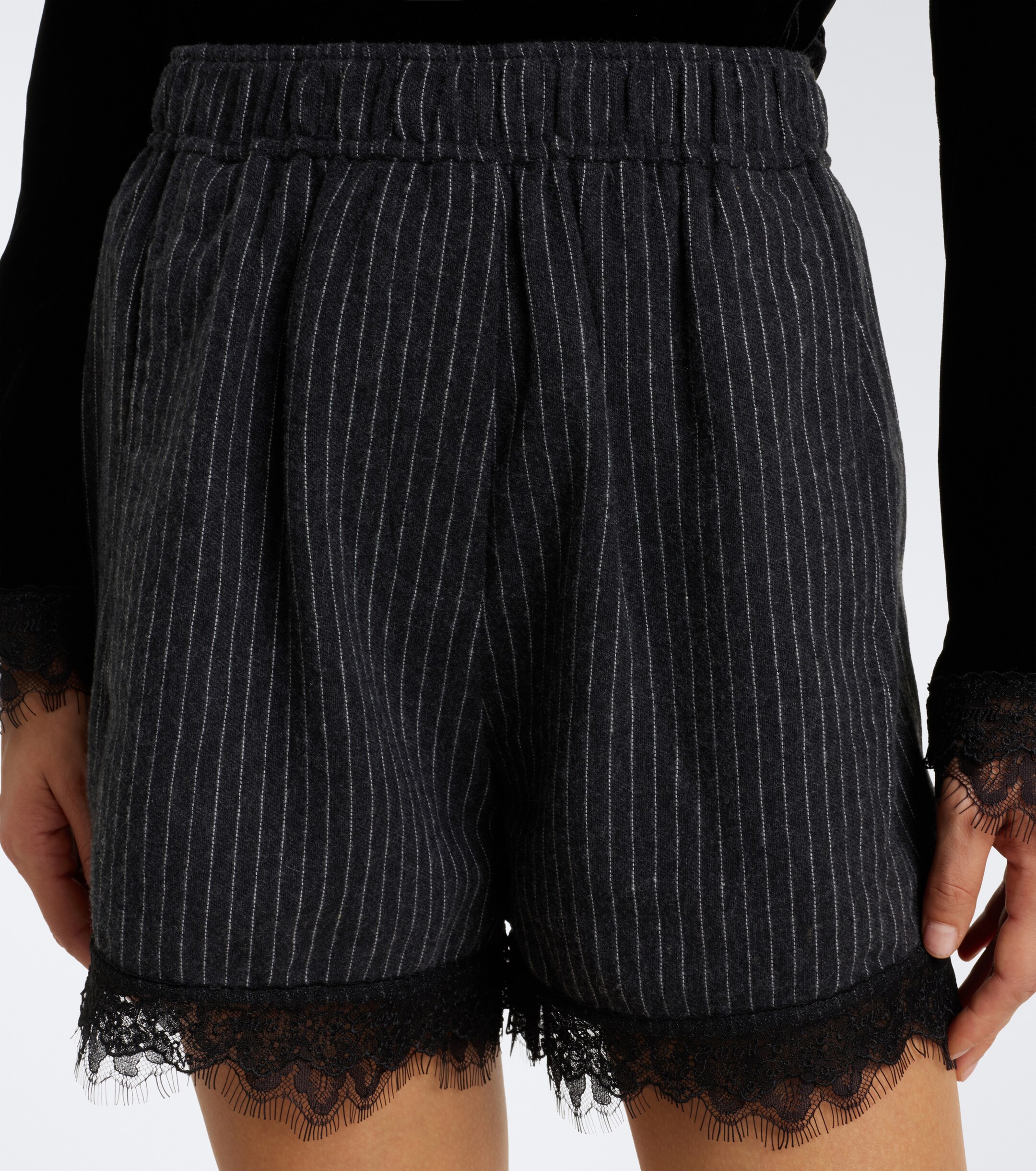 GANNI Ganni Lace-trimmed pinstripe flannel shorts