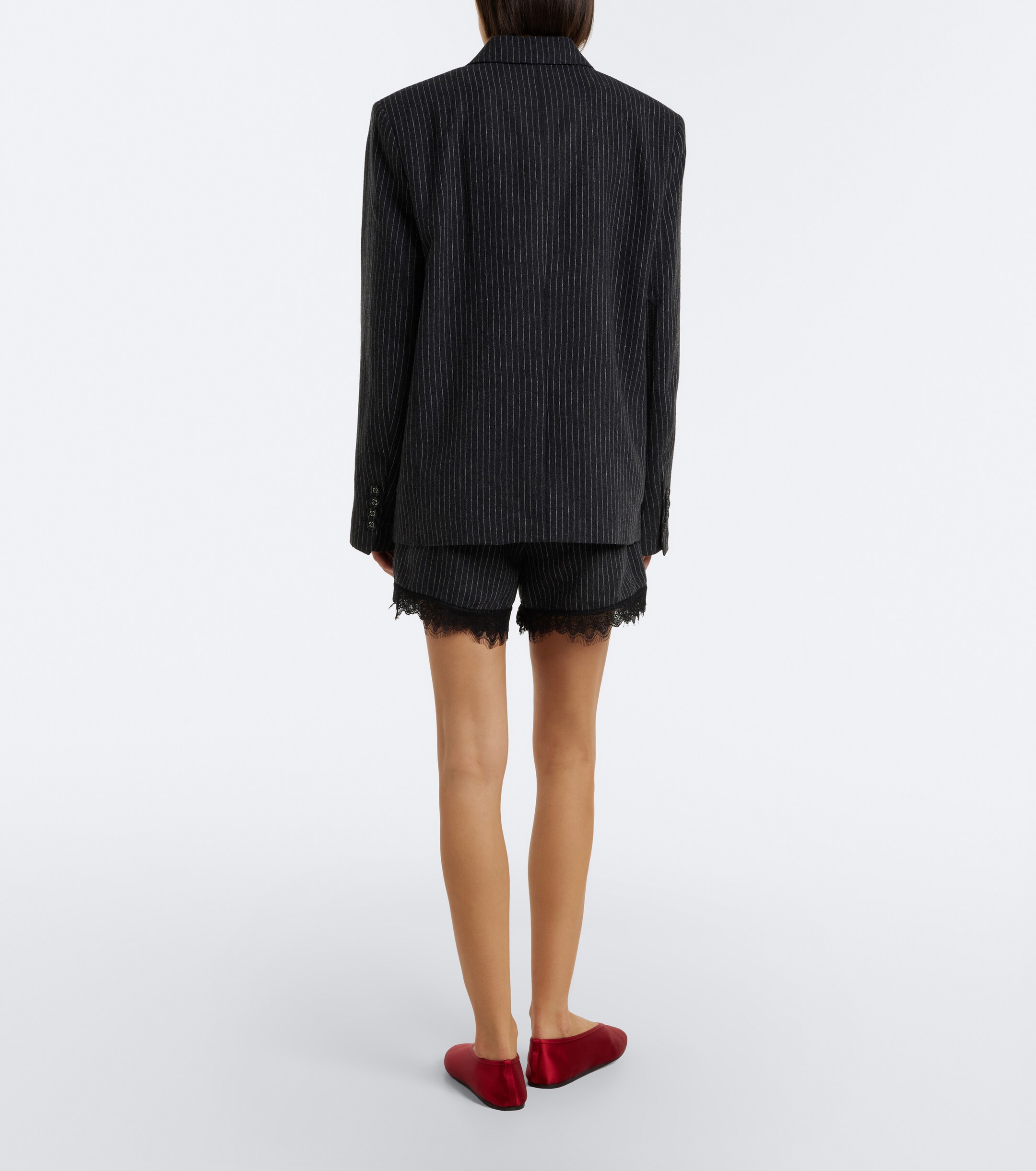 GANNI Ganni Lace-trimmed pinstripe flannel shorts