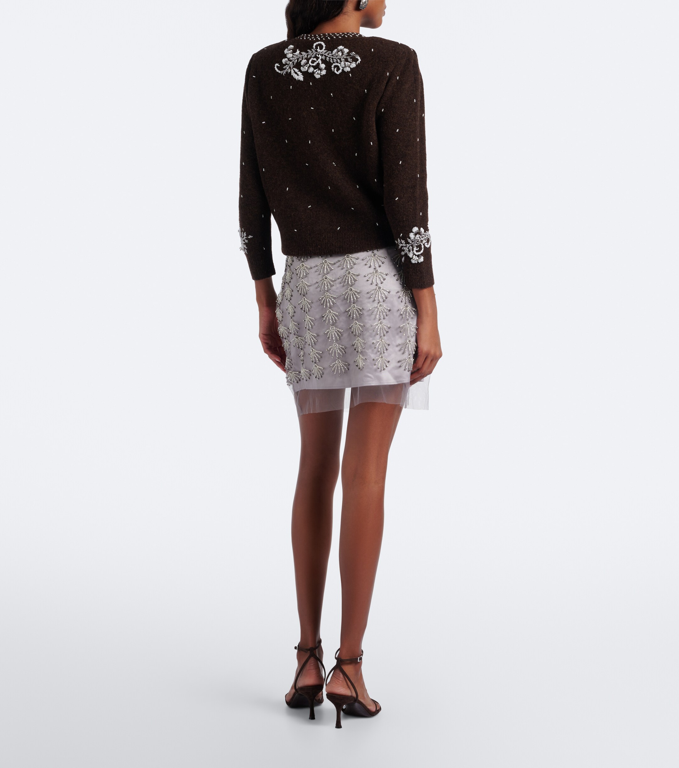 Jacques Wei Jacques Wei Beaded leather-trimmed mesh miniskirt