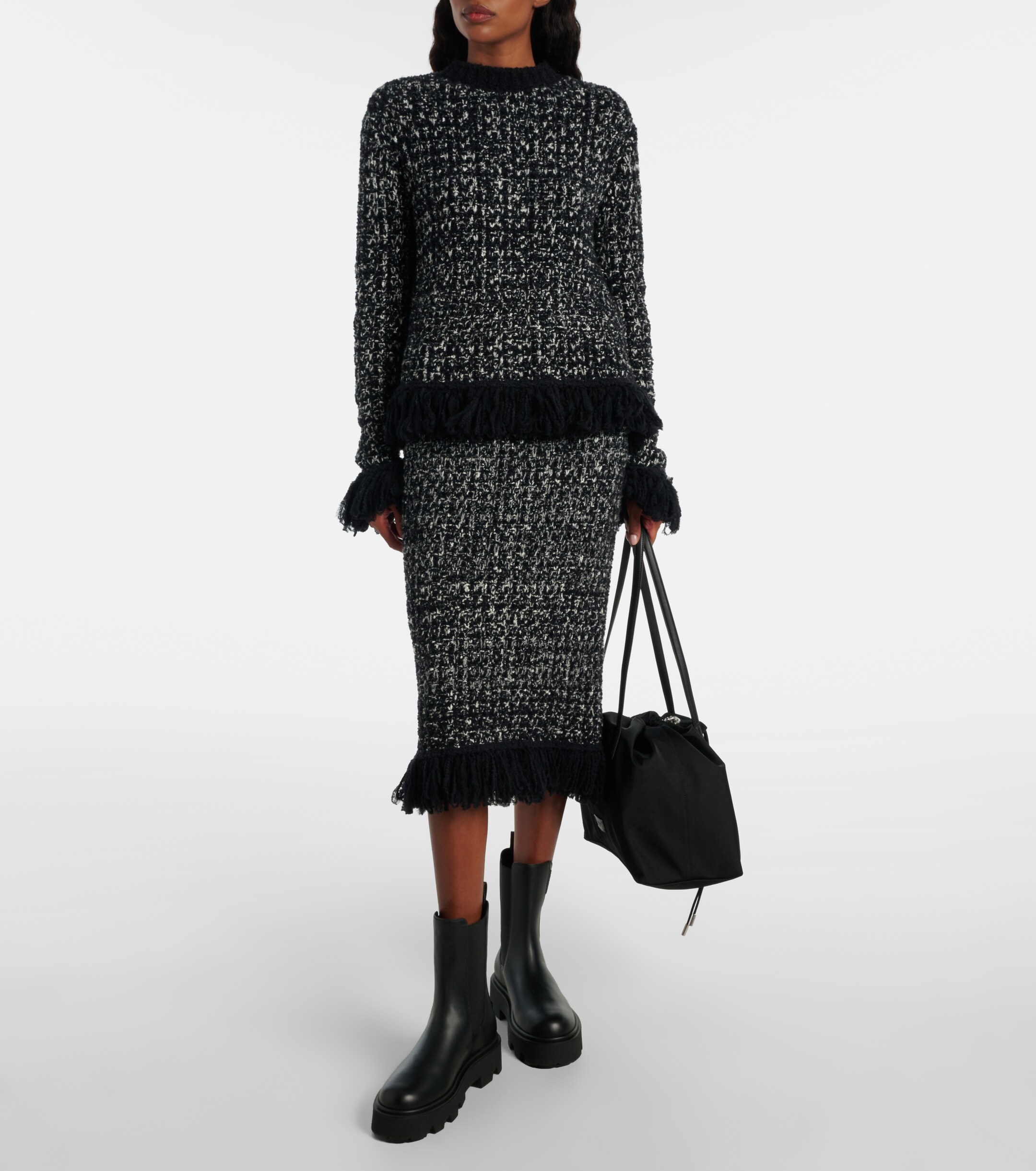 Moncler Fringed wool-blend pencil skirt