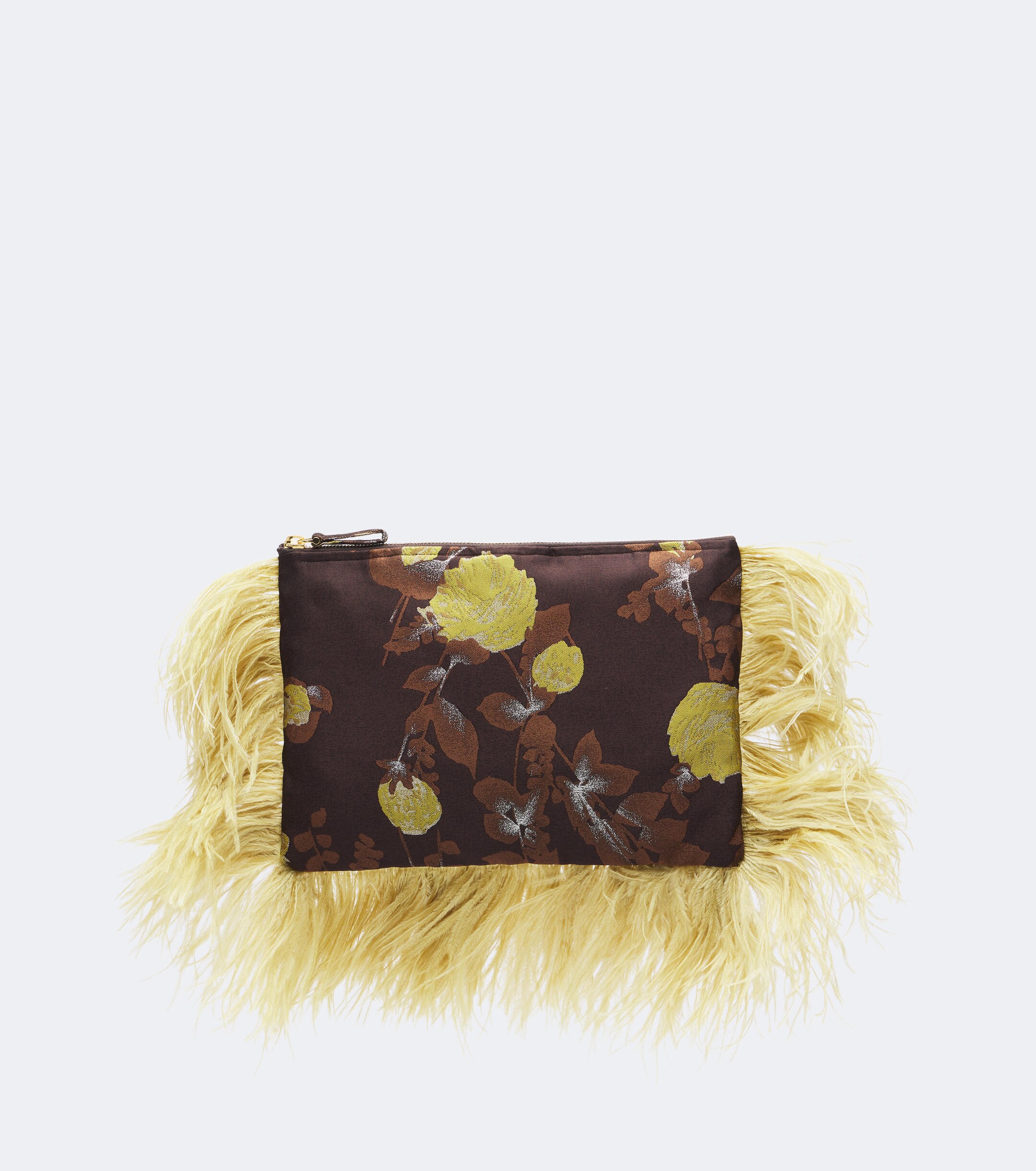 La DoubleJ La DoubleJ Devon feather-trimmed jacquard clutch