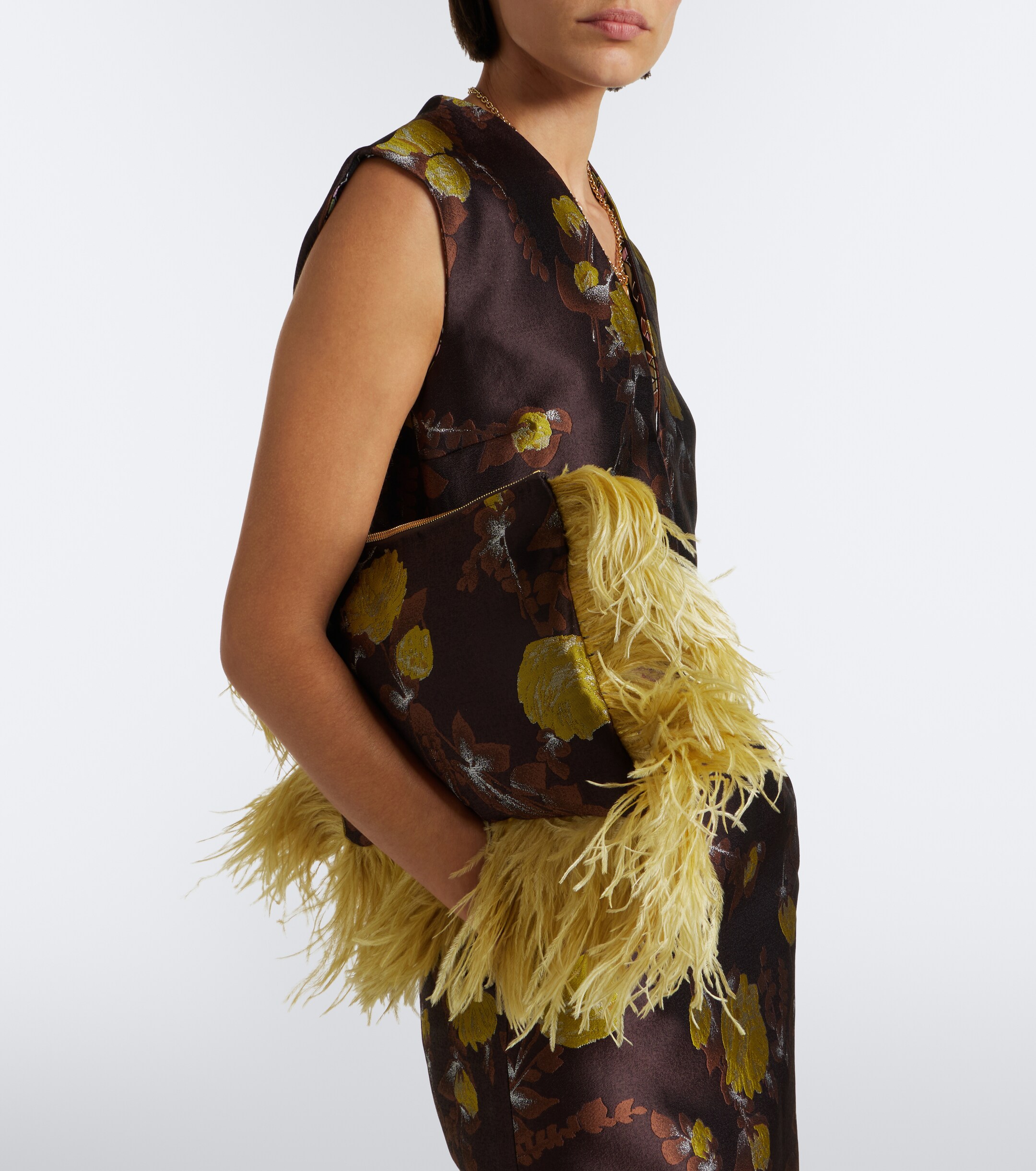 La DoubleJ La DoubleJ Devon feather-trimmed jacquard clutch