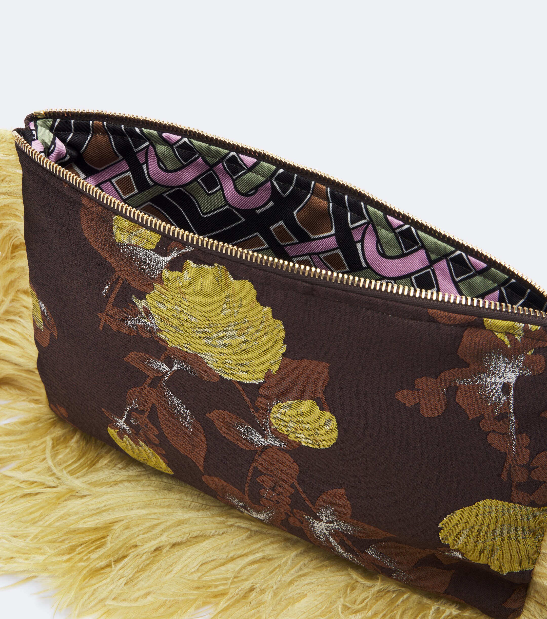 La DoubleJ La DoubleJ Devon feather-trimmed jacquard clutch